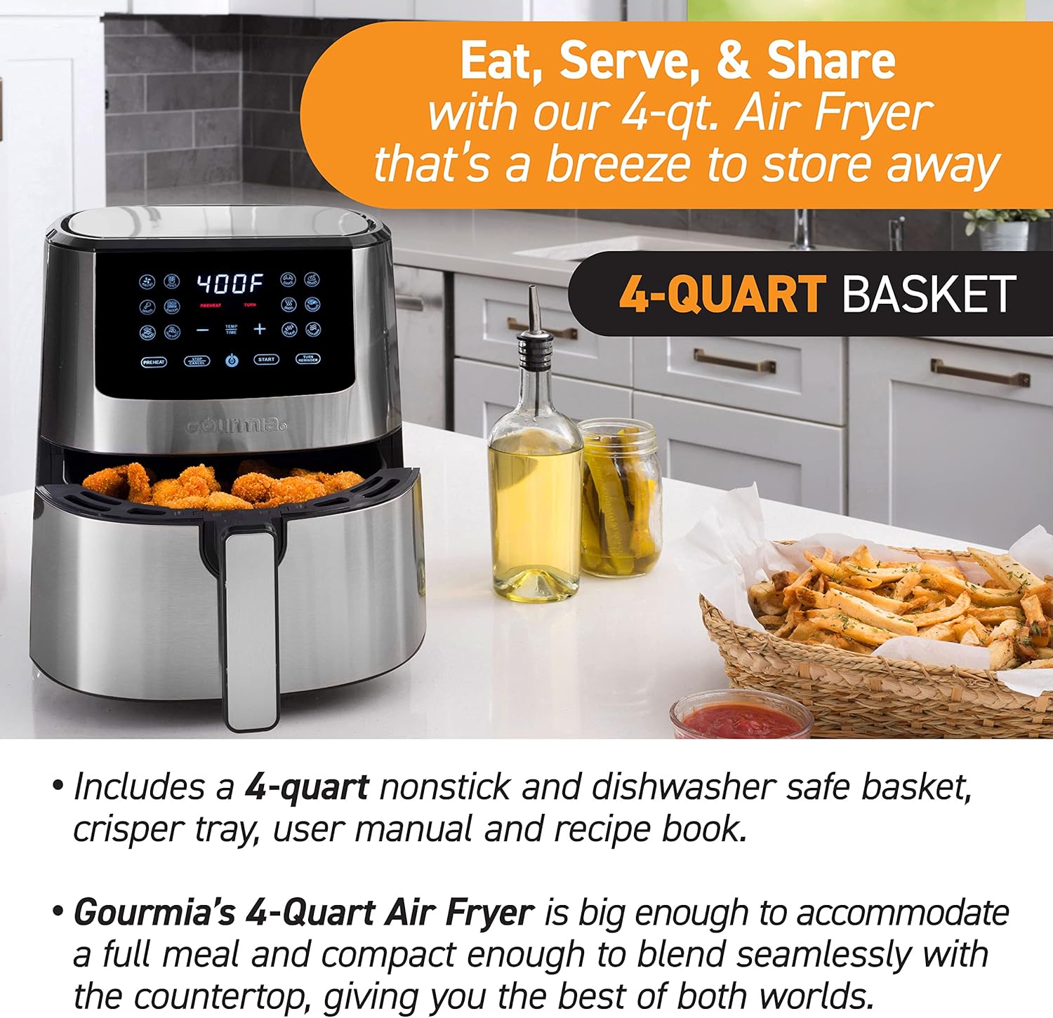 Gourmia 4-Qt Digital Air Fryer with Guided Cooking, Easy Clean, Stainless Steel view 3
