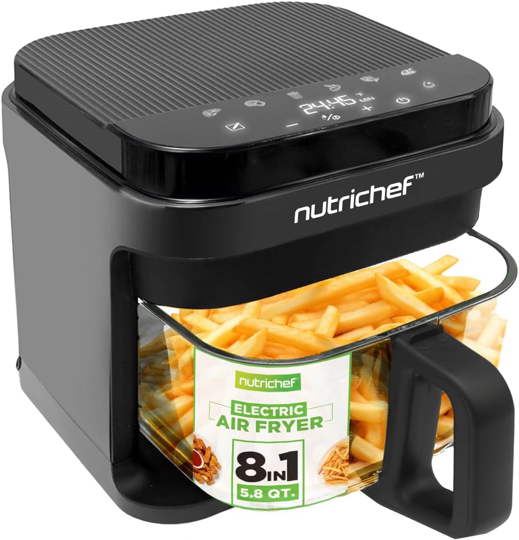 Nutrichef 5.8 Quart Air Fryer 8 1 Preset Cook Modes Transparent Fry Bowl for ...