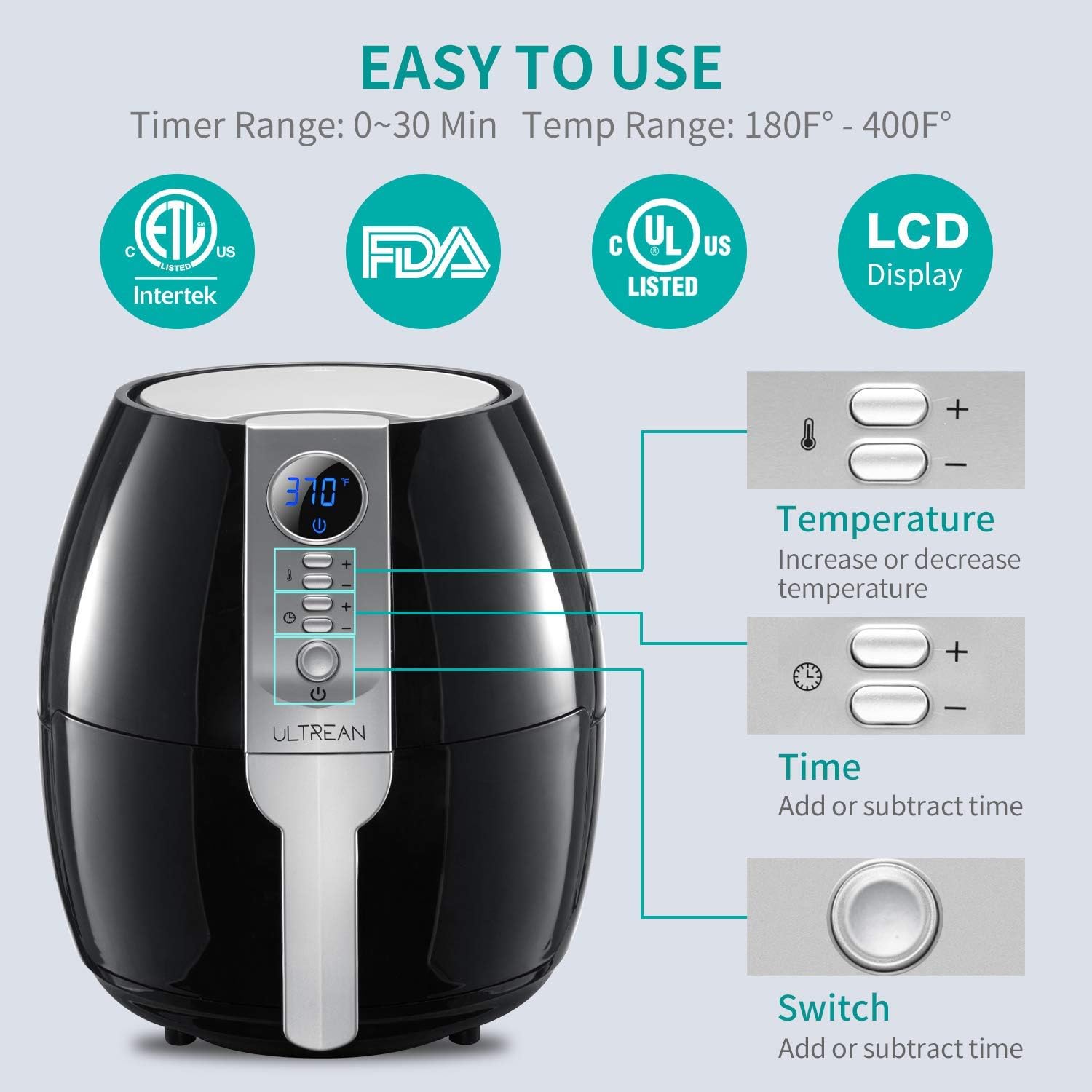 Ultrean Air Fryer, 4.2 Quart Electric Hot Airfryer Oven Oilless Cooker for Qu... view 3