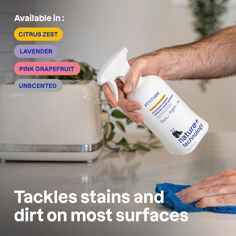 ATTITUDE All Purpose Cleaner Spray, EWG Verified, Vegan, Made with 94% Plant-Based Ingredients, Streak-Free for Kitchen, Bathroom, Glass & More, Unscented, 27.1 Fl Oz view 2