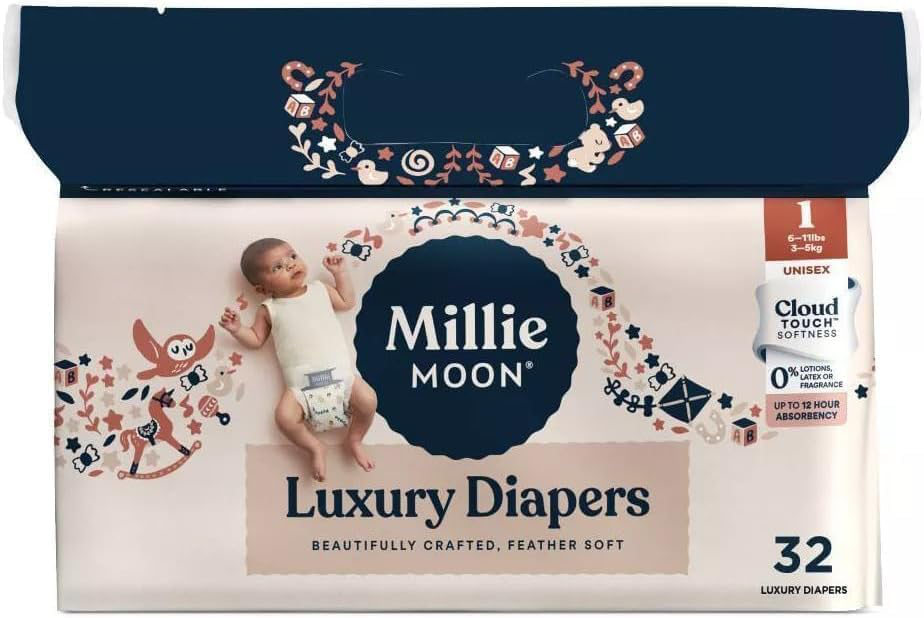 Millie Moon Luxury Diapers, Size 1, 32 Count, Cloud Touch Softness, 12 Hour Absorbency, Unisex