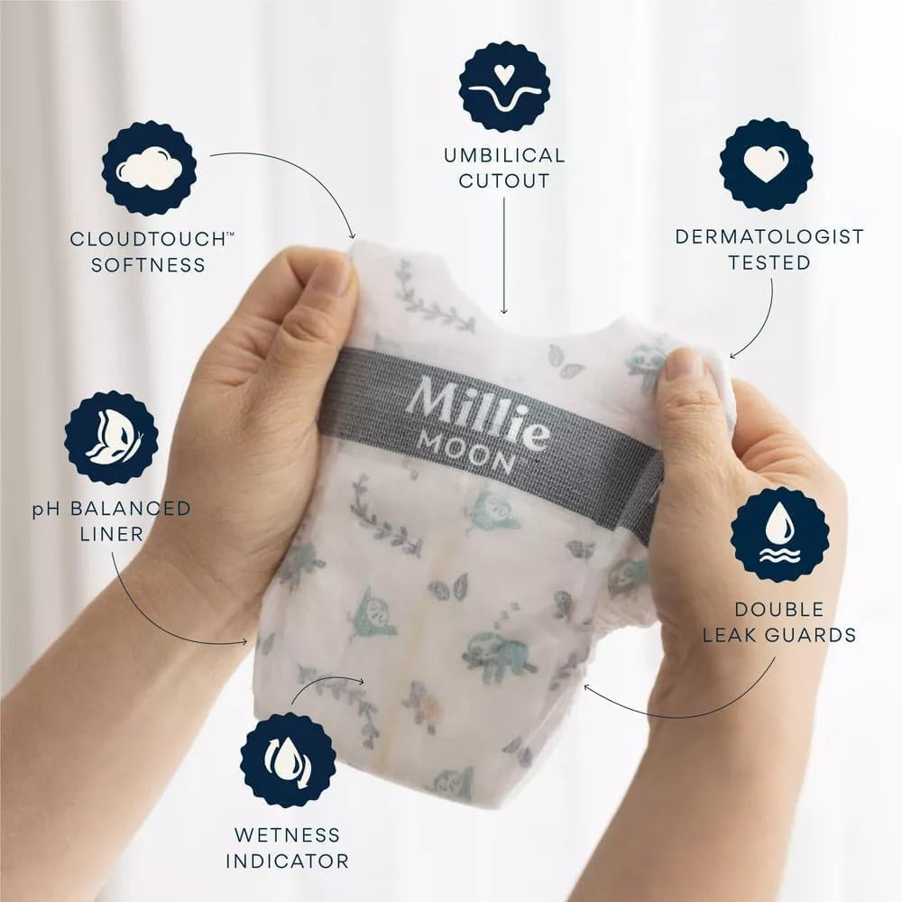 Millie Moon Luxury Diapers, Size 1, 32 Count, Cloud Touch Softness, 12 Hour Absorbency, Unisex view 4