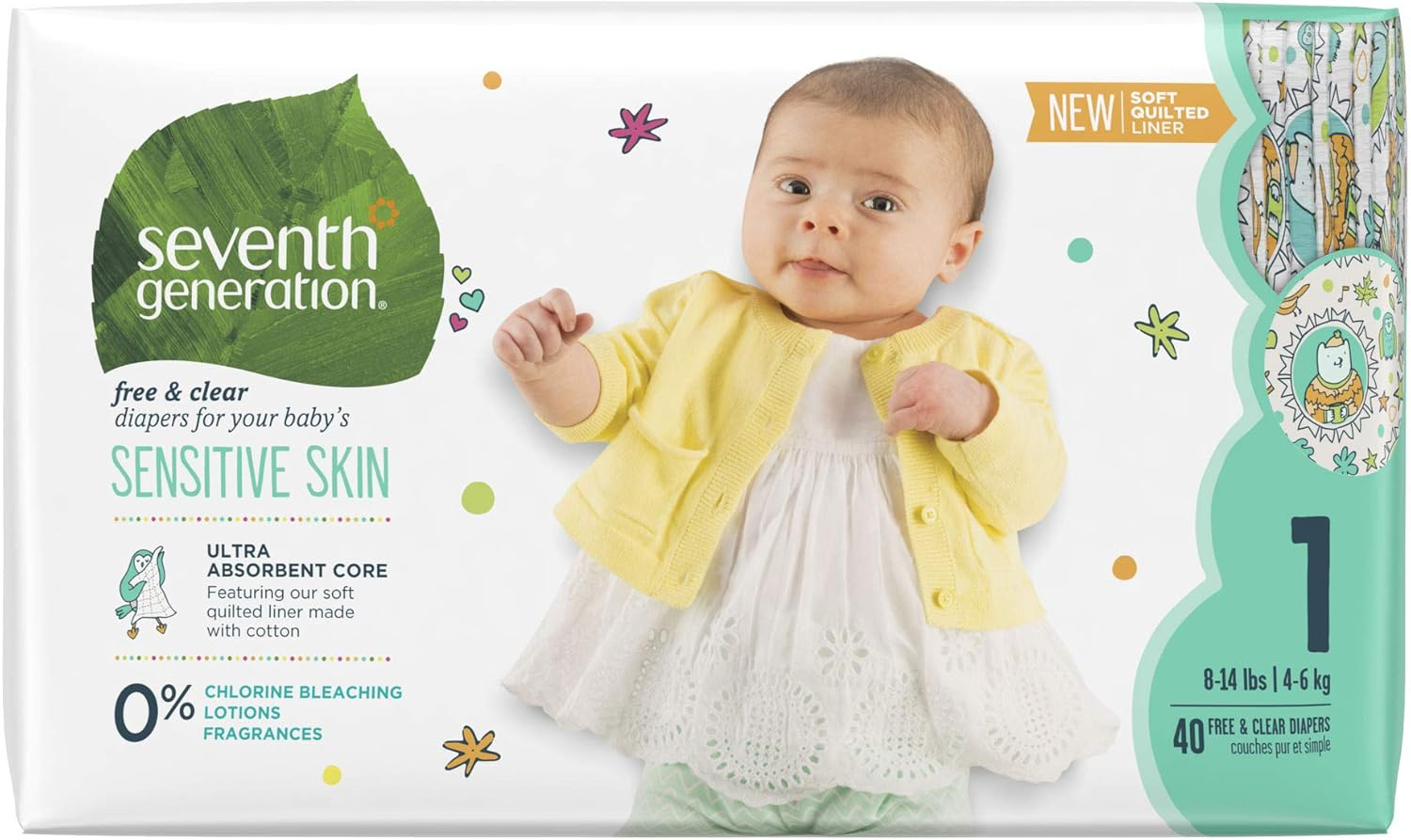 Seventh Generation Baby Diapers for Sensitive Skin, Animal Prints, Size 1, 40 count