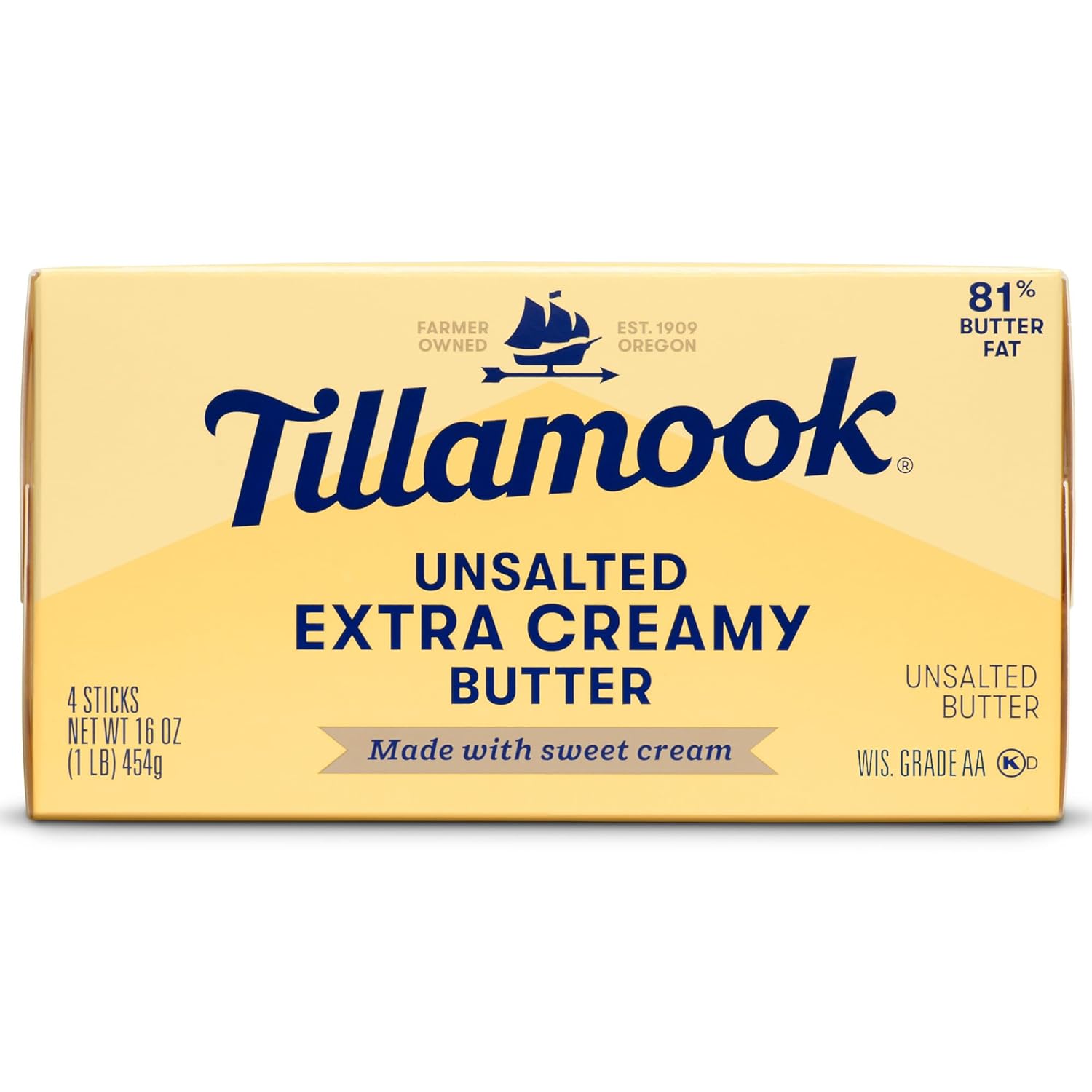 Tillamook Unsalted Sweet Cream Butter Quarters, 4 Sticks, 16 oz (Packaging May Vary)