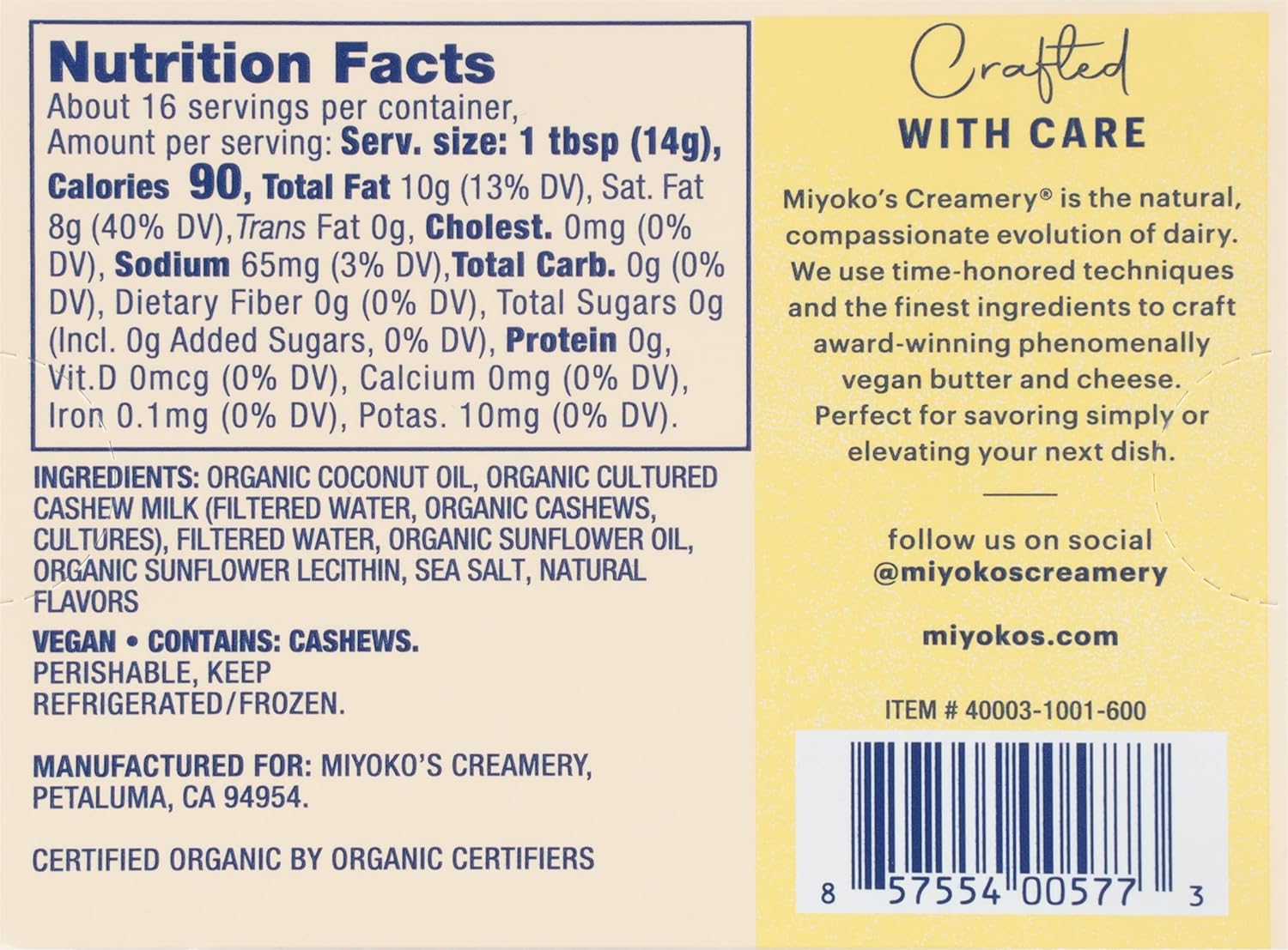 MIYOKO'S CREAMERY Organic Salted Vegan Butter, European Style Cultured Plant Milk Butter, 8 Ounce (Pack of 1) view 2