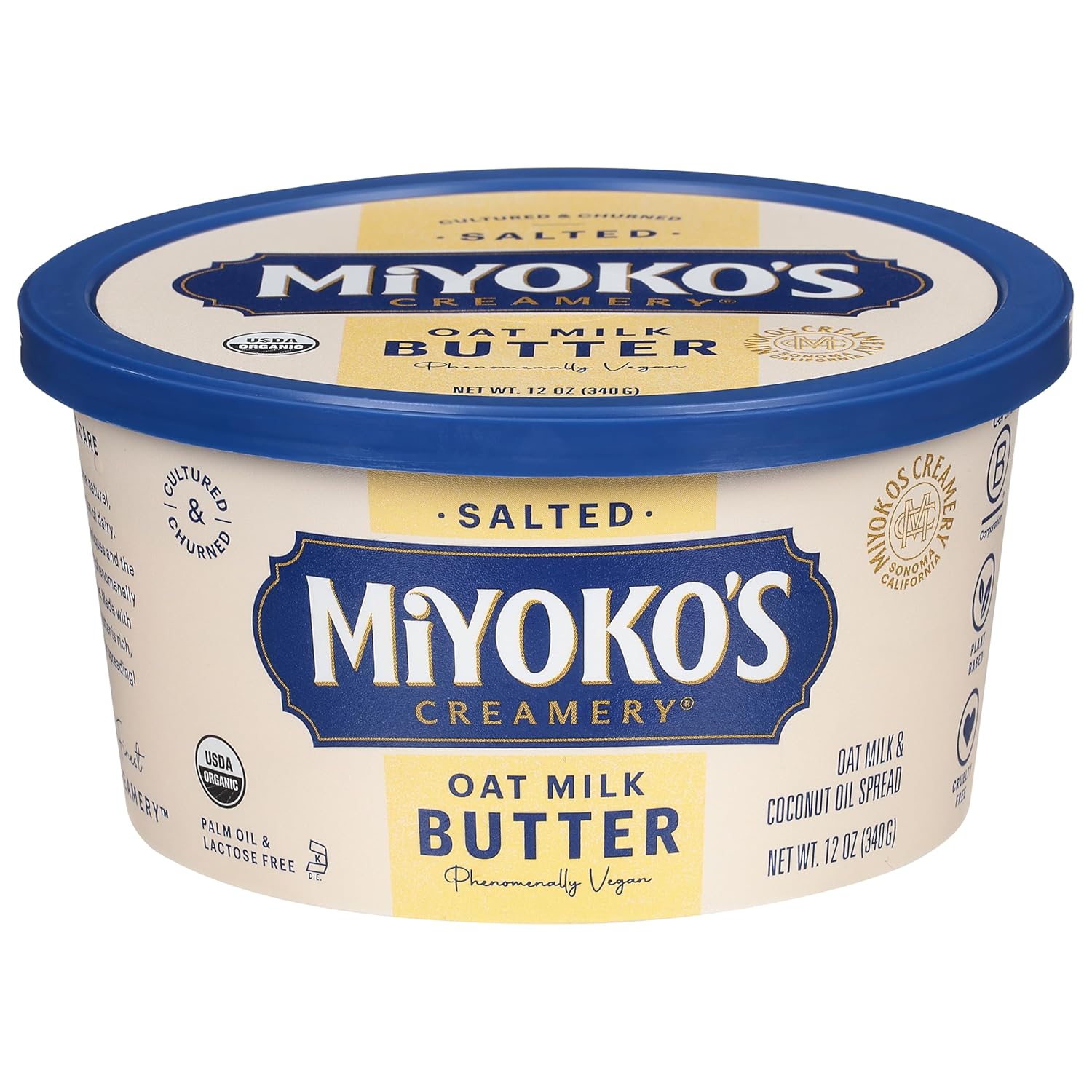 MIYOKO'S CREAMERY Organic Oat Milk Butter, Spreadable, Hint of Sea Salt, 12 Oz Tub, (1-Pack)