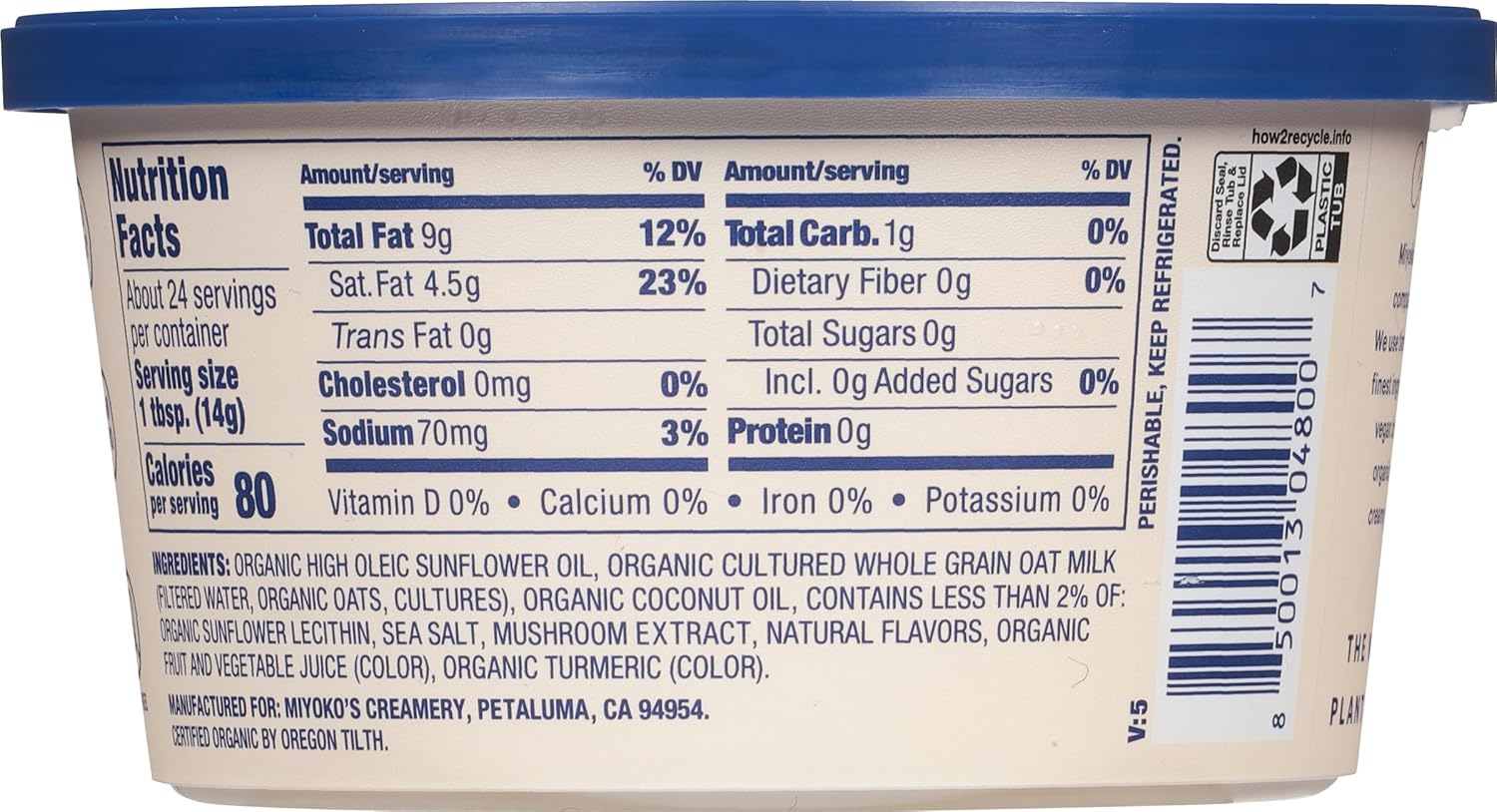 MIYOKO'S CREAMERY Organic Oat Milk Butter, Spreadable, Hint of Sea Salt, 12 Oz Tub, (1-Pack) view 2