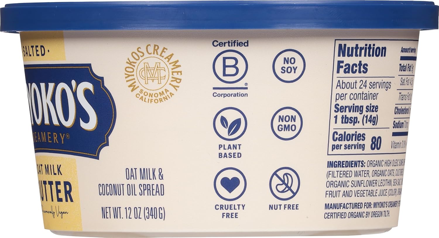 MIYOKO'S CREAMERY Organic Oat Milk Butter, Spreadable, Hint of Sea Salt, 12 Oz Tub, (1-Pack) view 3