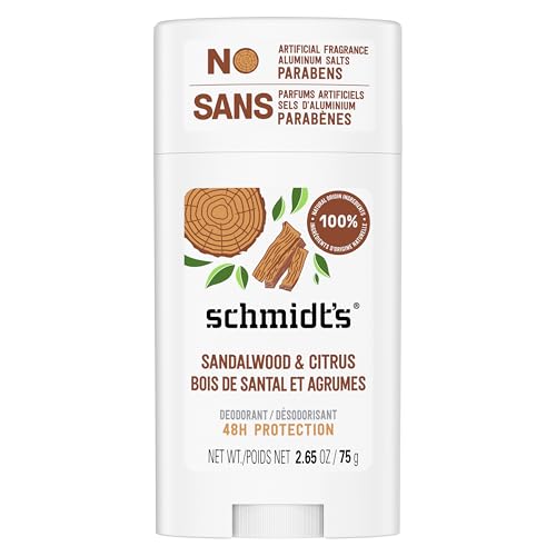 Schmidt's Aluminum-Free Vegan Deodorant Sandalwood & Citrus for Women and Men, with 24 Hour Odor Protection, Natural Ingredients, Cruelty-Free, 2.65 oz