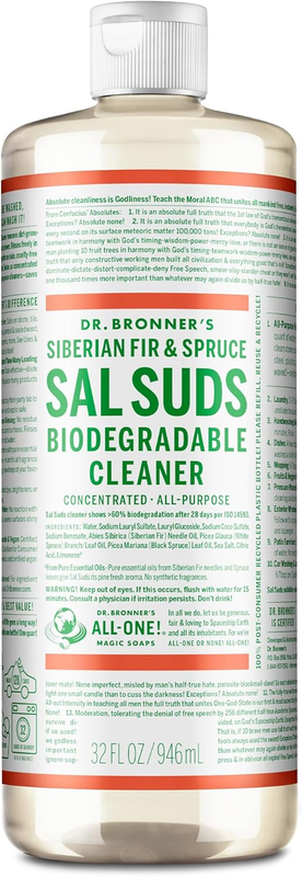Dr. Bronner's - Sal Suds Biodegradable Cleaner (32 oz) - All-Purpose, Pine Cleaner for Floors, Laundry and Dishes, Concentrated, Cuts Grease and Dirt, Powerful Formula