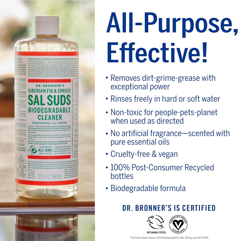 Dr. Bronner's - Sal Suds Biodegradable Cleaner (32 oz) - All-Purpose, Pine Cleaner for Floors, Laundry and Dishes, Concentrated, Cuts Grease and Dirt, Powerful Formula view 4