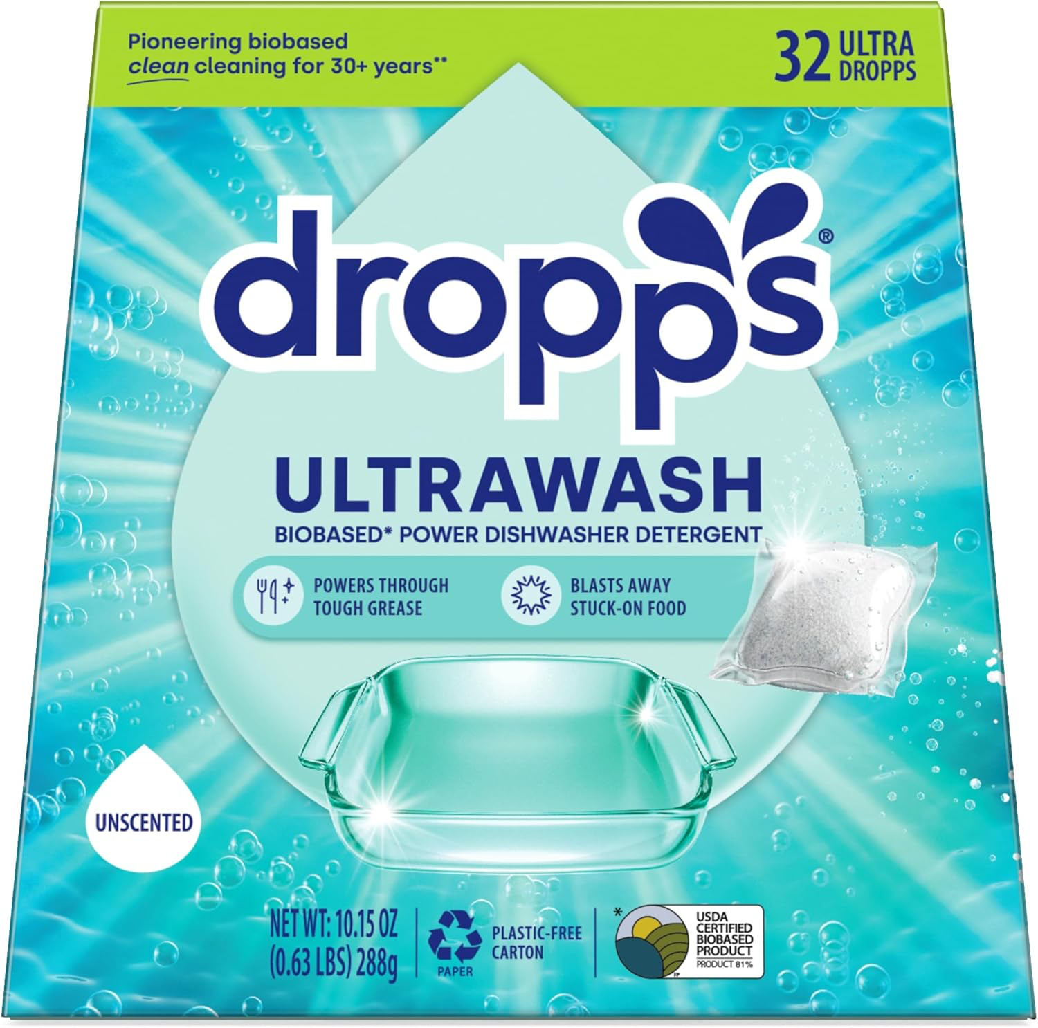 Dropps UltraWash Dishwasher Pods, Unscented, 32 Count