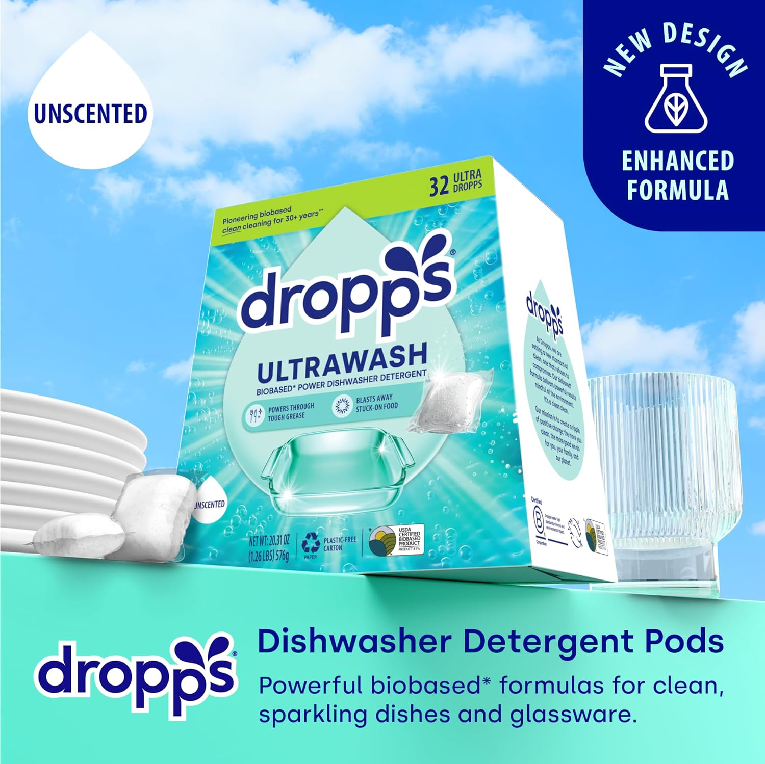 Dropps UltraWash Dishwasher Pods, Unscented, 32 Count view 2
