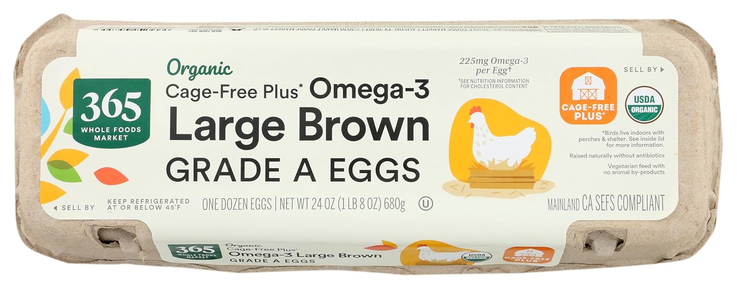 365 by Whole Foods Market, Organic, Outdoor Access, Omega-3, Large Brown Grade A Eggs, 12 Count (1 Dozen)