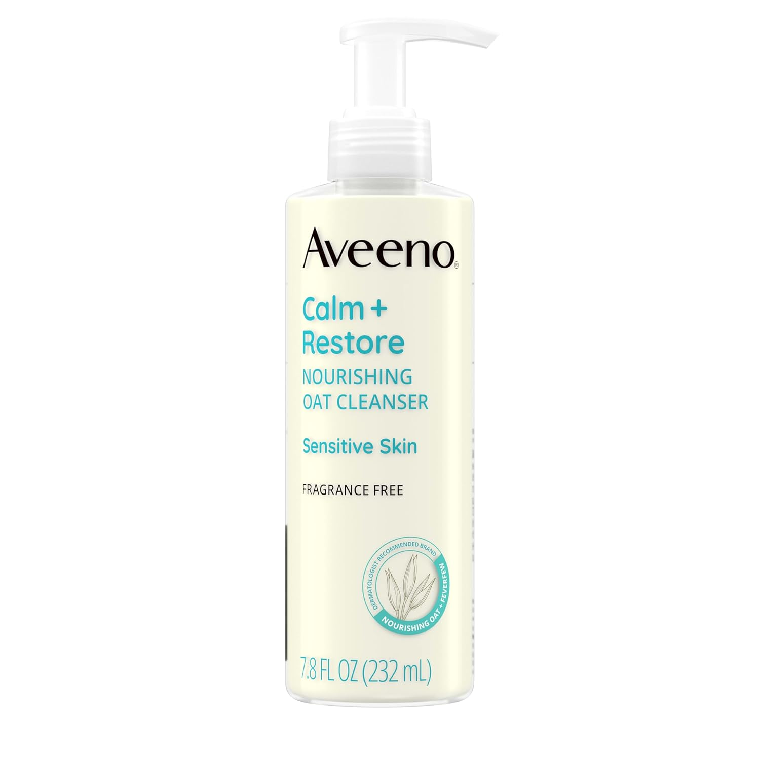 Aveeno Calm + Restore Nourishing Oat Cleanser, Daily Hydrating Facial Cleanser & Face Wash for Sensitive Skin, Non-Foaming, Hypoallergenic, Non-Comedogenic, Fragrance-Free, with Feverfew, 7.8 fl oz