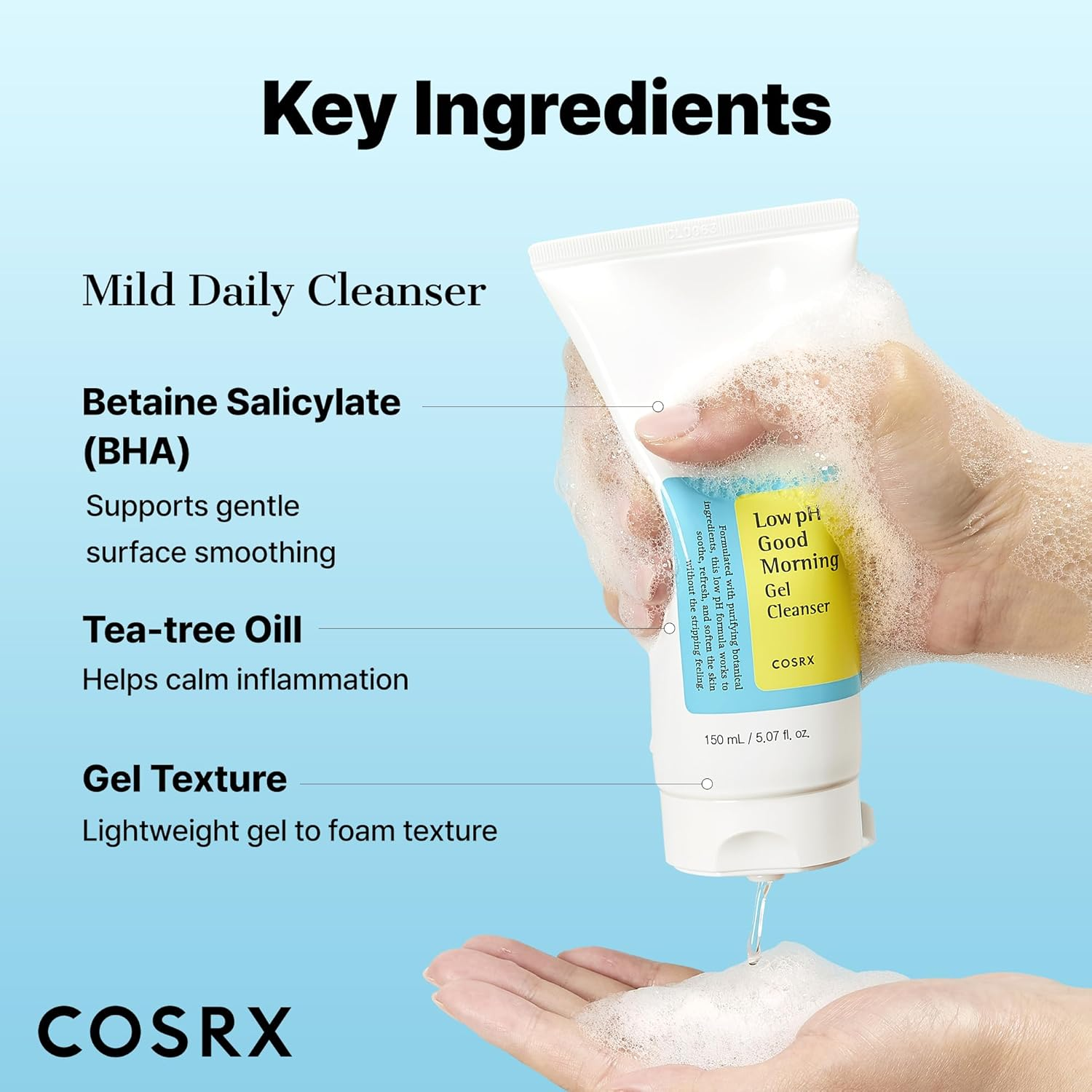 COSRX Low pH Good Morning Gel Face Cleanser, 5.07 fl oz, BHA Face Wash, Daily Mild Face Cleanser for Sensitive Skin, PH Balancing, Korean Skin Care, Korean Face Wash view 3