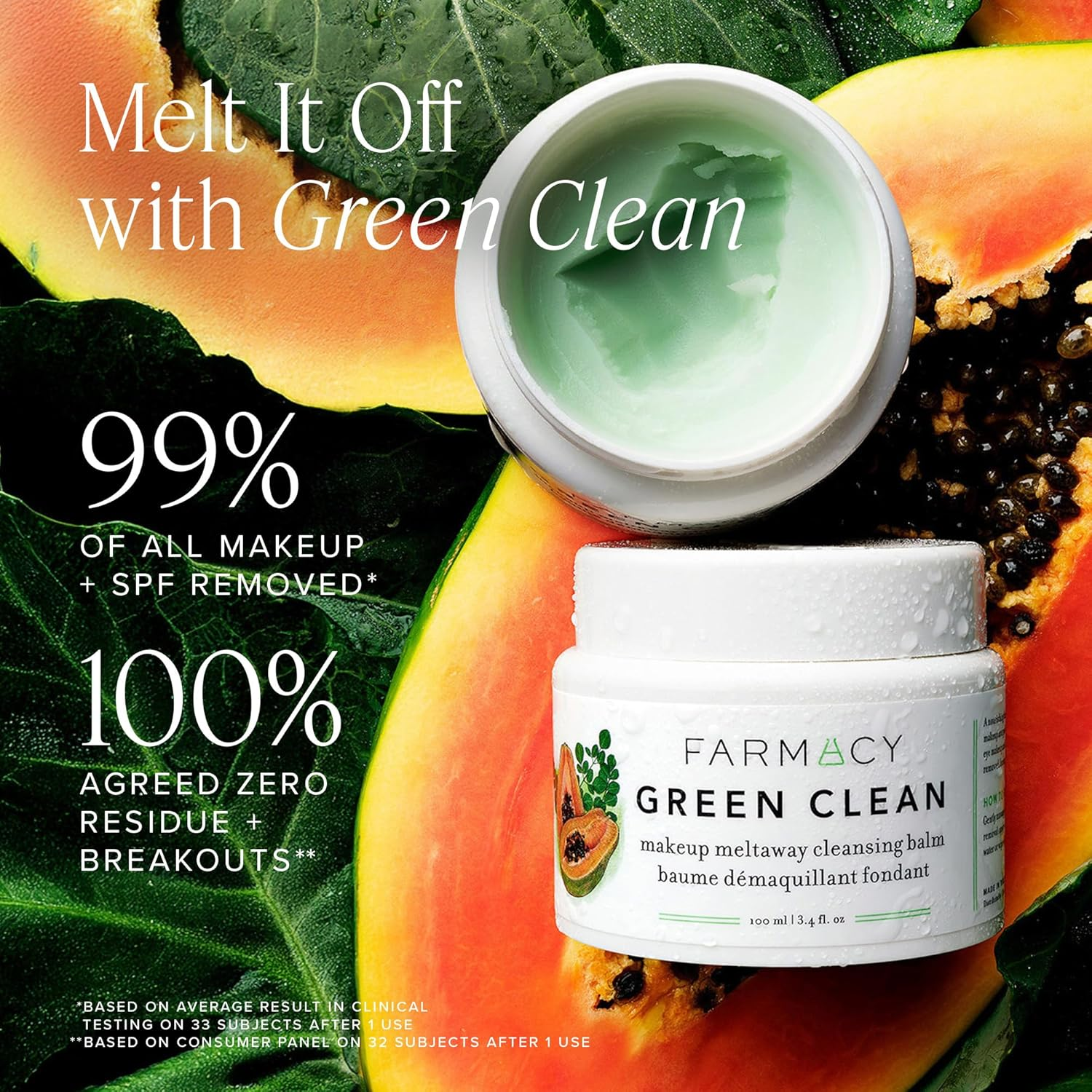 Farmacy Makeup Remover Cleansing Balm - Green Clean Waterproof Makeup Remover Balm + Oil Cleanser for Face - Gently Melts Make Up + SPF - Hydrates + Softens Skin with Super Greens + Papaya (50ml) view 2