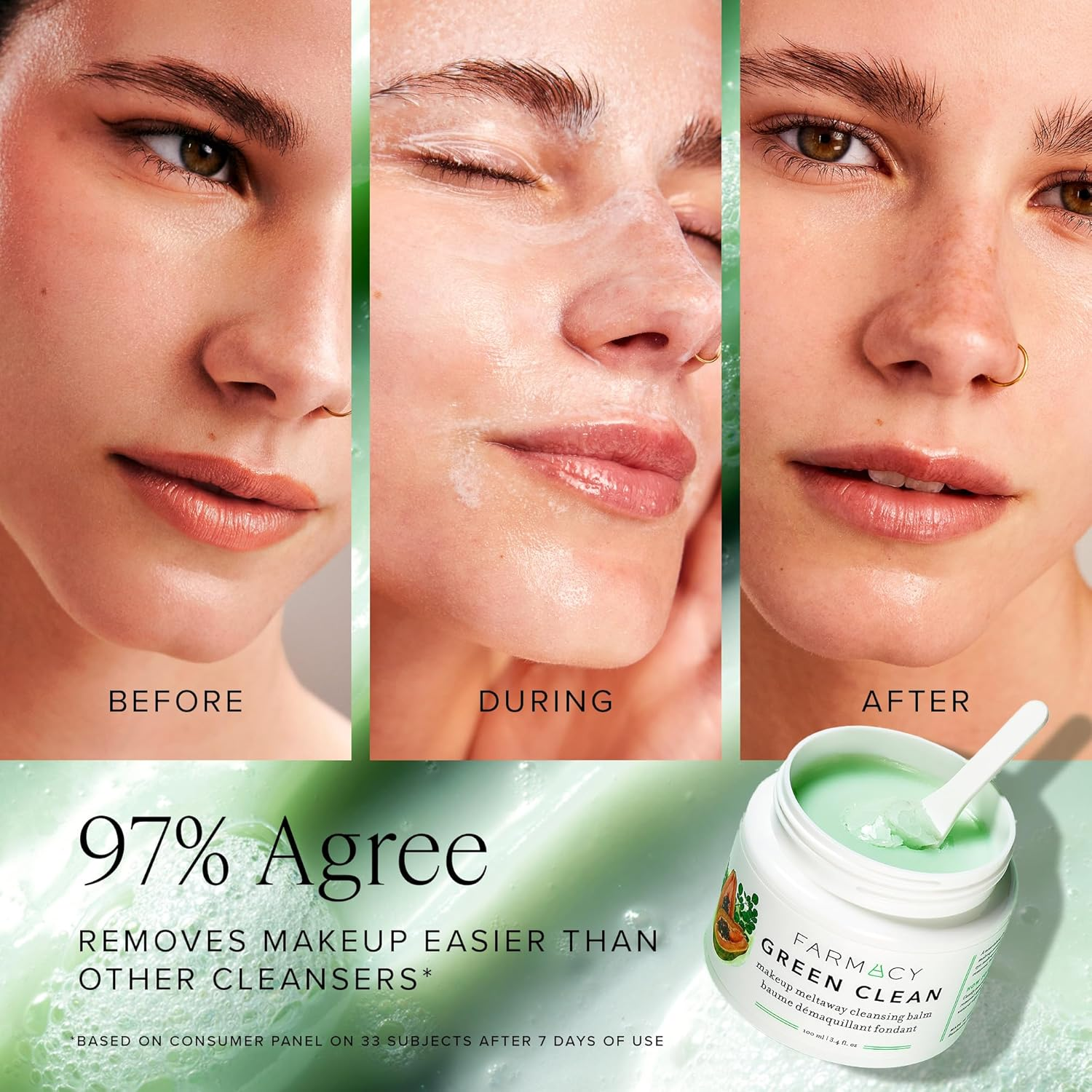 Farmacy Makeup Remover Cleansing Balm - Green Clean Waterproof Makeup Remover Balm + Oil Cleanser for Face - Gently Melts Make Up + SPF - Hydrates + Softens Skin with Super Greens + Papaya (50ml) view 3