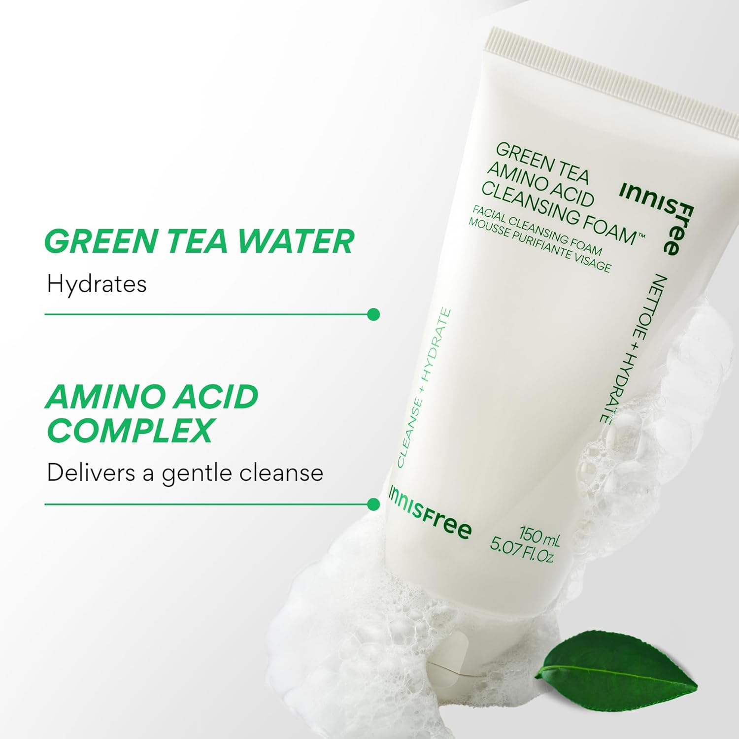 innisfree Green Tea Amino Acid Cleansing Foam, Sulfate-Free Hydrating Korean Face Wash, Gentle Lather, pH-Balanced Skincare view 3