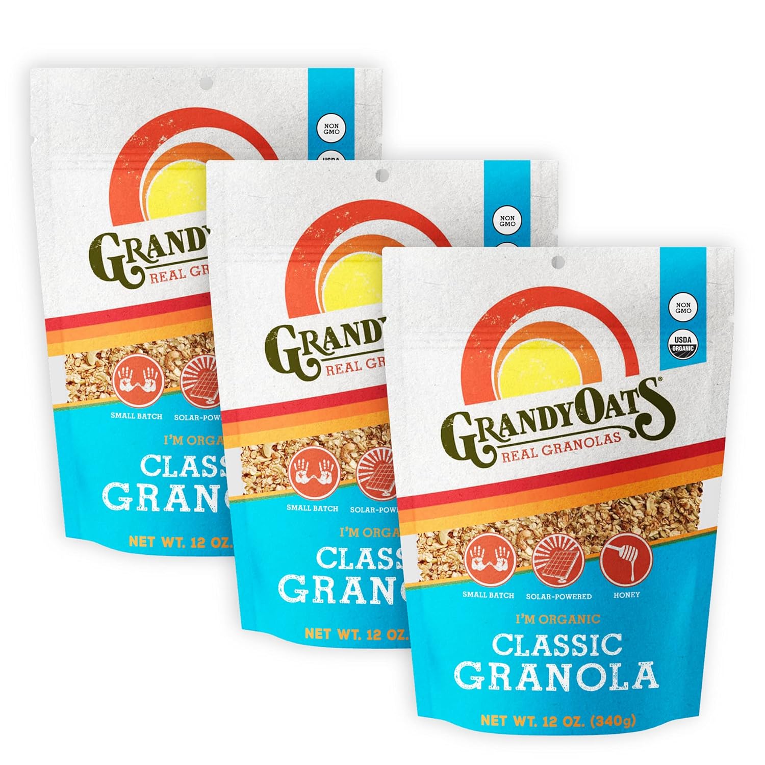 GrandyOats Classic Granola, Certified Organic, 12oz bags (Pack of 3)