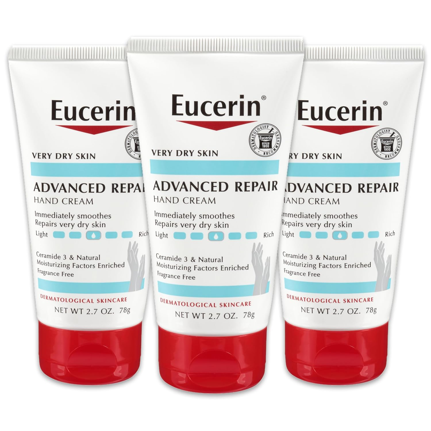 Eucerin Advanced Repair Hand Cream, Immediately Soothes and Repairs Very Dry Skin, Fragrance Free, Non Greasy, Fast Absorbing, Travel Size Hand Lotion, 2.7 Oz Tube, Pack of 3