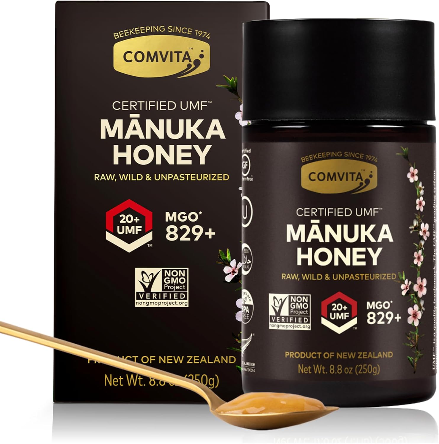 Comvita Manuka Honey UMF 20+ - Raw Manuka Honey New Zealand, Pure & Unpasteurized, Superfood for Immune Health, Use in Tea, Wild, Monofloral, Non-GMO - 250g