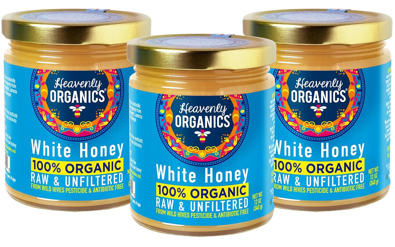 Heavenly Organics 100% Organic Raw White Honey 3 Pack - Size 12 OZ/Jar Lightly Filtered to Preserve Vitamins, Minerals and Enzymes; Made from Wild Beehives & Free Range Bees, Dairy, Nut, Gluten Free, Kosher, Chemical , Antibiotic and Glyphosate free