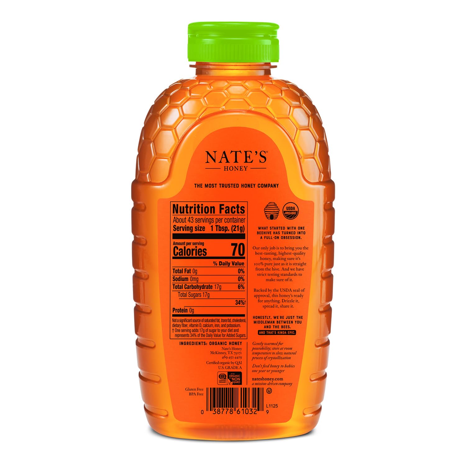 Nate's Organic 100% Pure, Raw & Unfiltered Honey - USDA Certified Organic - 32oz. Squeeze Bottle view 2