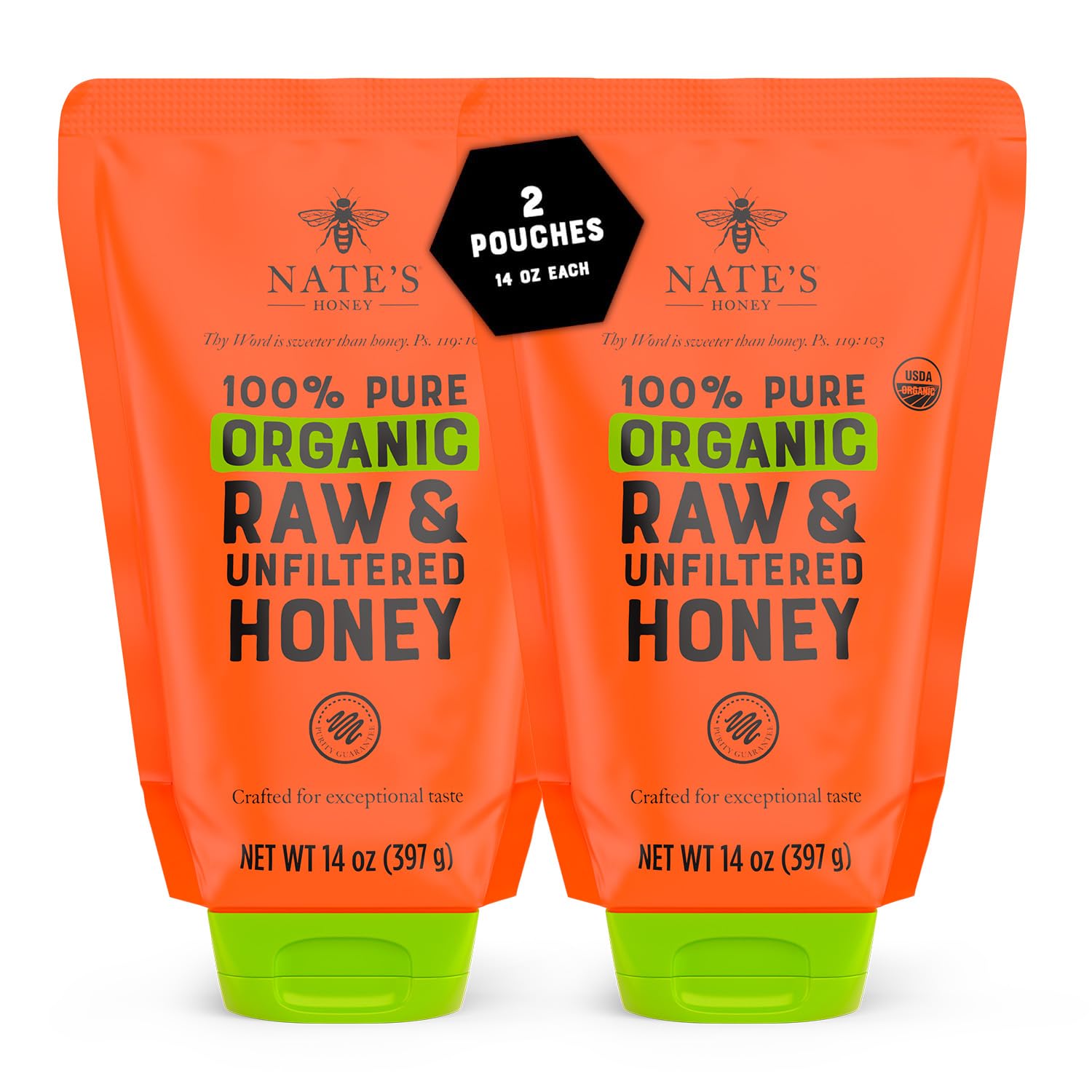 Nate's Organic Honey - 100% Pure USDA Organic Raw & Unfiltered Honey - Two 14 oz. No-Drip Sustainable Squeeze Pouches - Purity Guarantee, No Additives