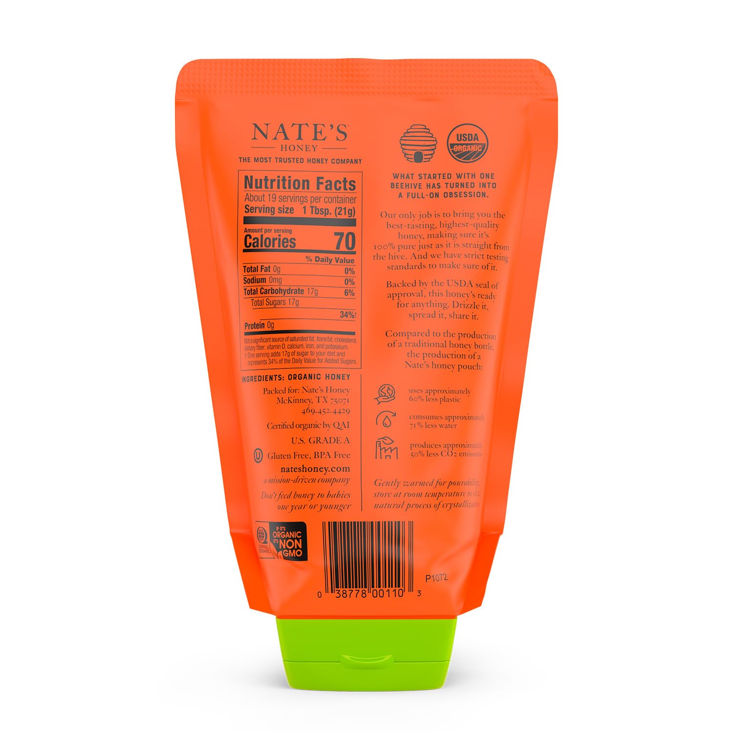 Nate's Organic Honey - 100% Pure USDA Organic Raw & Unfiltered Honey - Two 14 oz. No-Drip Sustainable Squeeze Pouches - Purity Guarantee, No Additives view 2