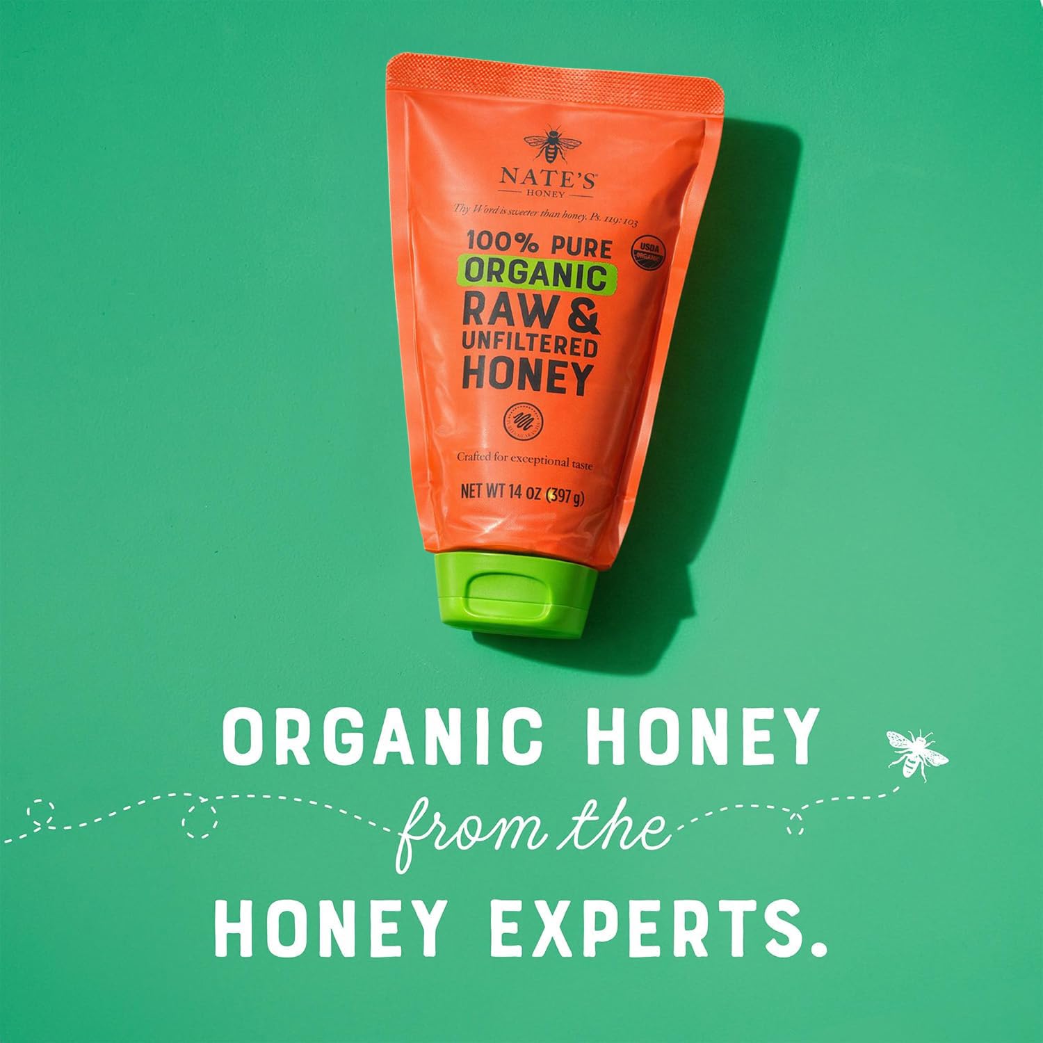 Nate's Organic Honey - 100% Pure USDA Organic Raw & Unfiltered Honey - Two 14 oz. No-Drip Sustainable Squeeze Pouches - Purity Guarantee, No Additives view 3