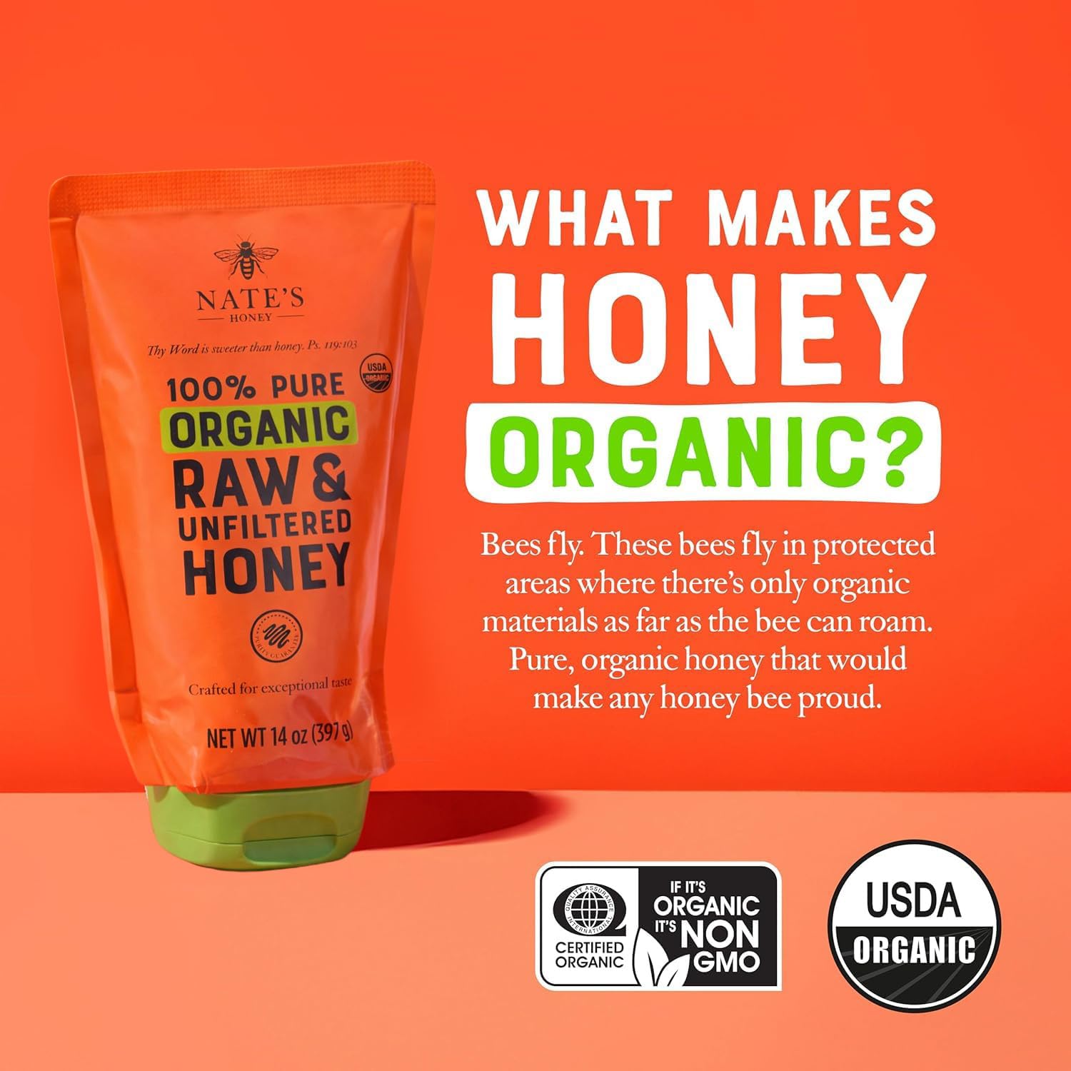 Nate's Organic Honey - 100% Pure USDA Organic Raw & Unfiltered Honey - Two 14 oz. No-Drip Sustainable Squeeze Pouches - Purity Guarantee, No Additives view 4