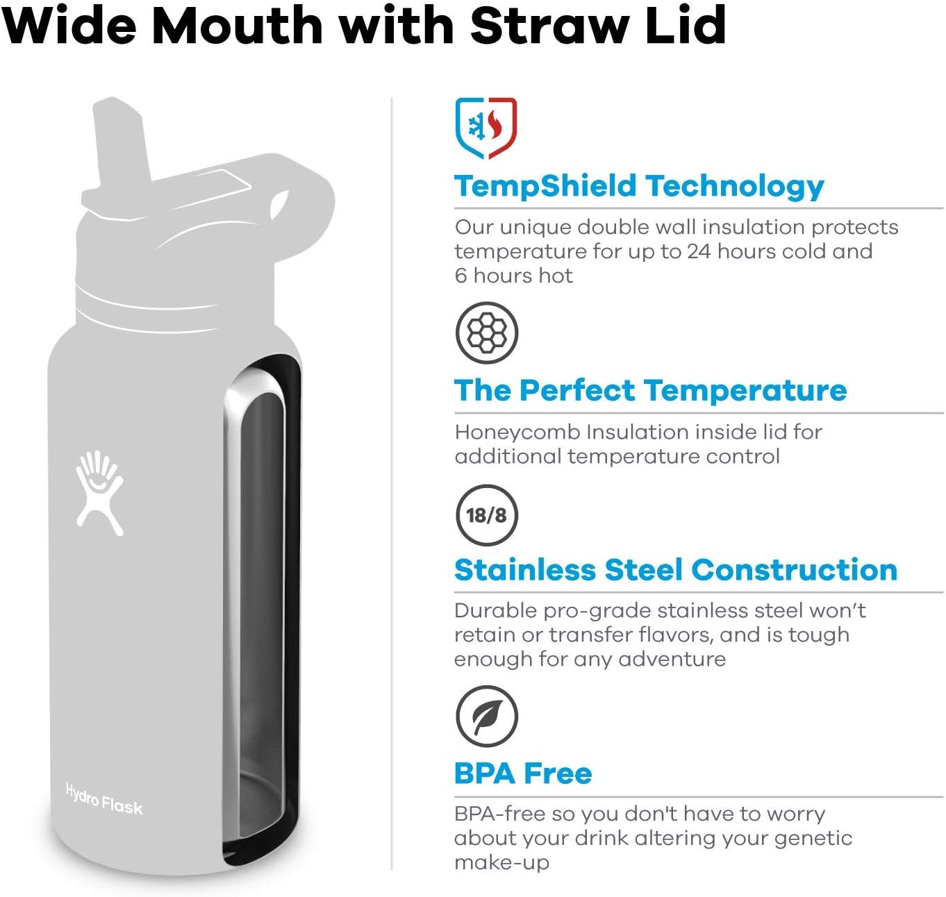 Hydro Flask 32 oz. Water Bottle with Straw Lid - Stainless Steel, Reusable, Vacuum Insulated- Wide Mouth view 4
