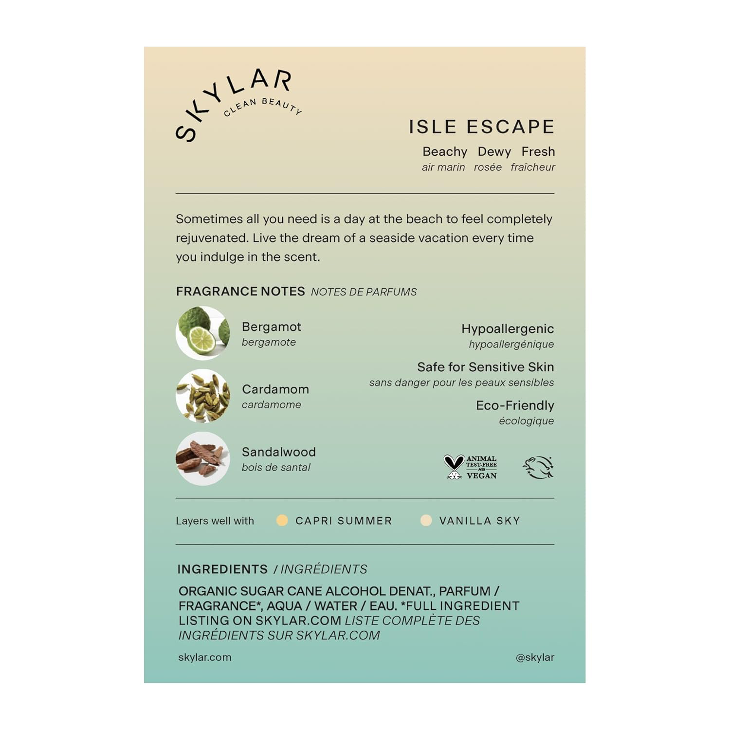 Skylar Isle Escape Eau de Parfum - Hypoallergenic & Clean Perfume for Women & Men, Vegan & Safe for Sensitive Skin - Fresh Perfume with Notes of Bergamot, Cardamom & Sandalwood - 50mL /1.7 Fl oz view 2