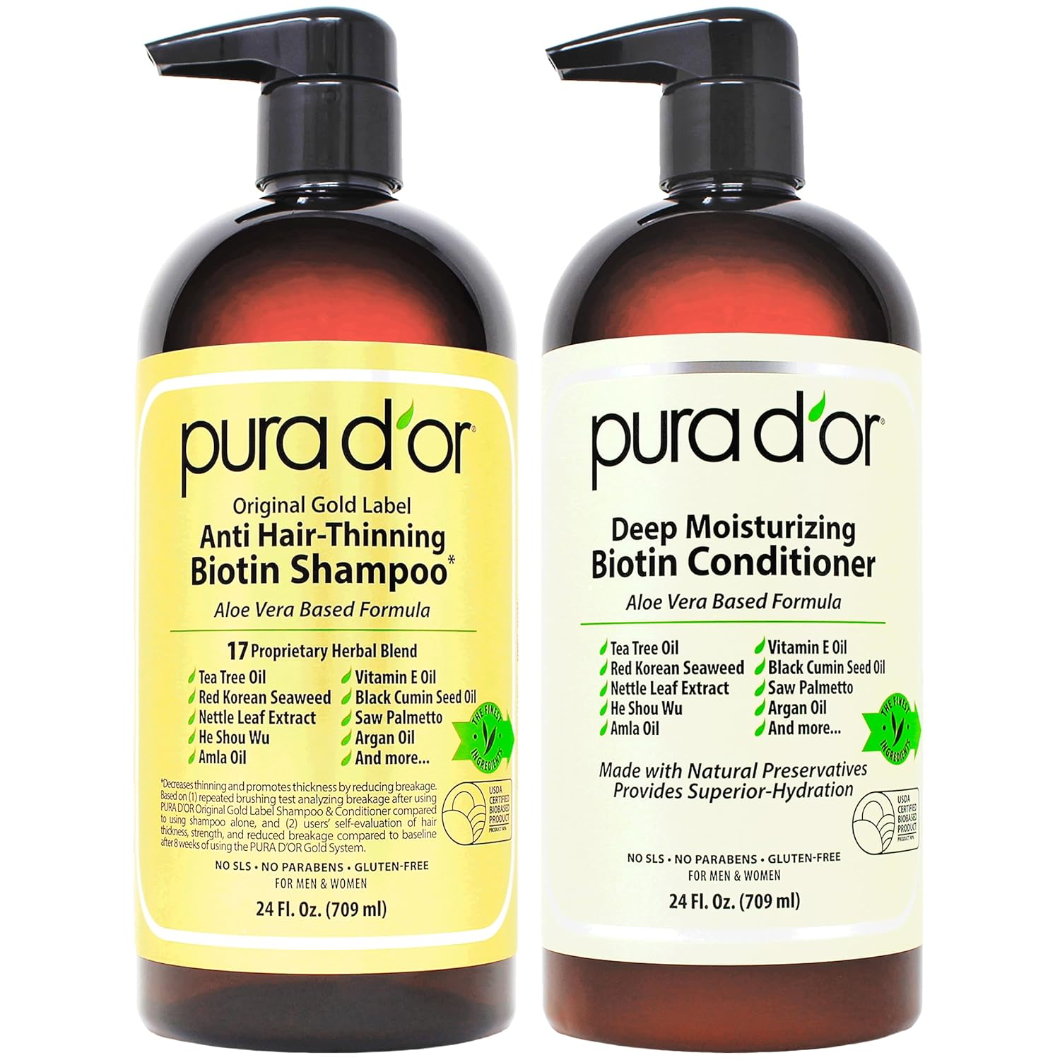 PURA D'OR Anti-Thinning Biotin Shampoo & Conditioner Original Gold Label Set (16oz x2) – CLINICALLY TESTED Formula for Volume, Strength & Thicker-Looking Hair