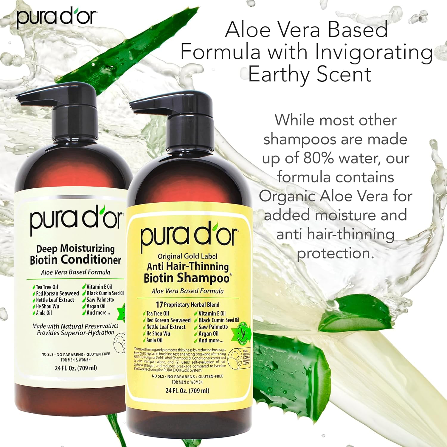 PURA D'OR Anti-Thinning Biotin Shampoo & Deep Moisturizing Conditioner Original Gold Label Set (24oz x2) Natural Earthy Scent, CLINICALLY TESTED Effective Results, Hair Thickening Product, Women & Men view 4