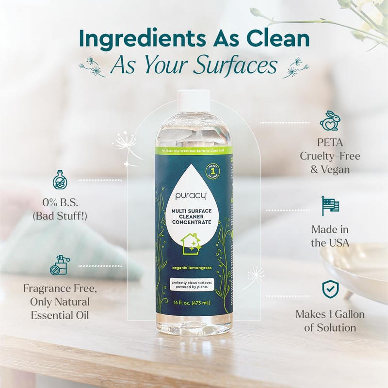 Puracy Multi-Surface Cleaner Concentrate - Plant-Powered Everyday Surface Cleaner - Natural All Purpose Cleaning Solution As Seen on TikTok (Organic Lemongrass, 16 fl oz) view 4