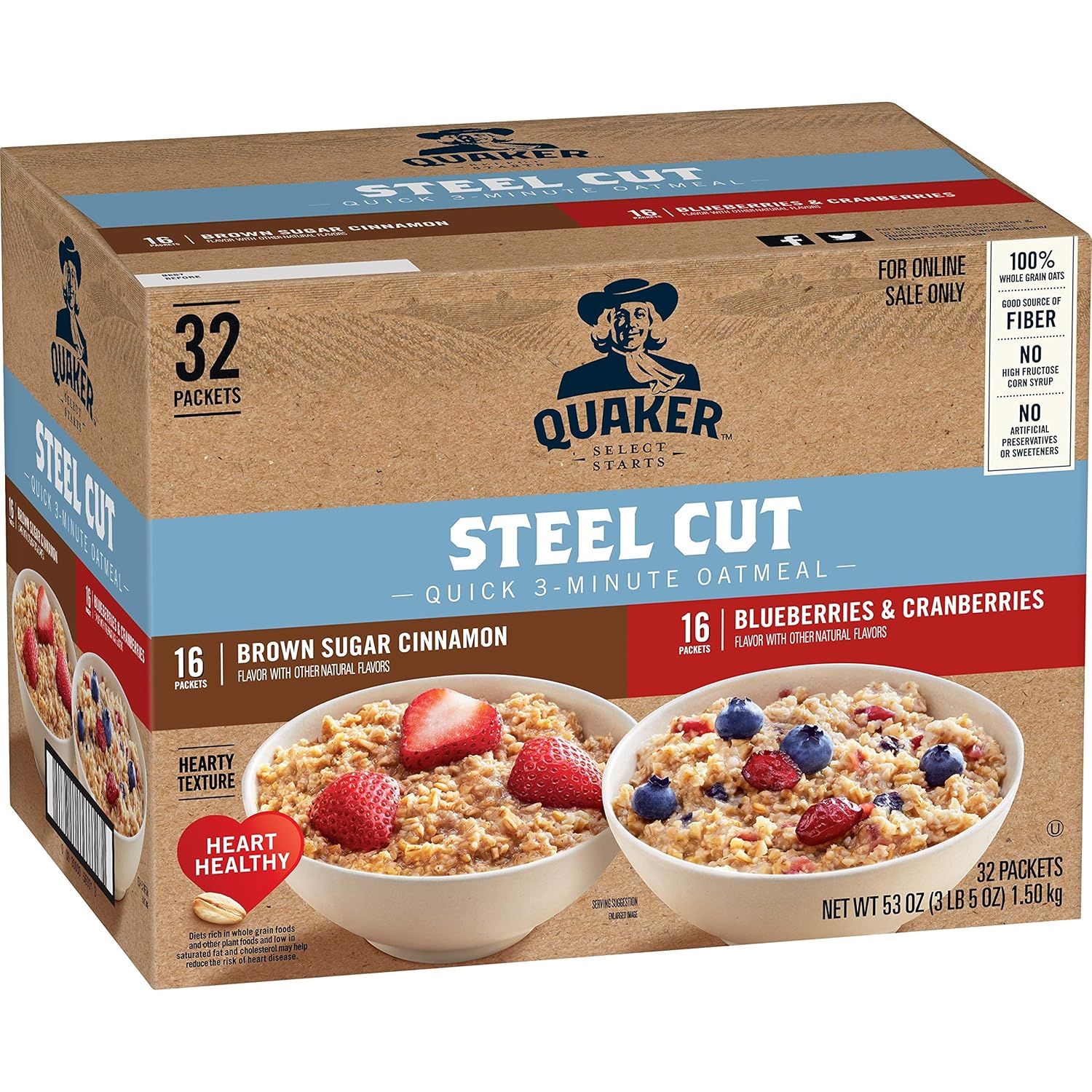 Quaker Steel Cut Quick 3-Minute Oatmeal, 2 Flavor Variety Pack, Individual Packets, 32 Count