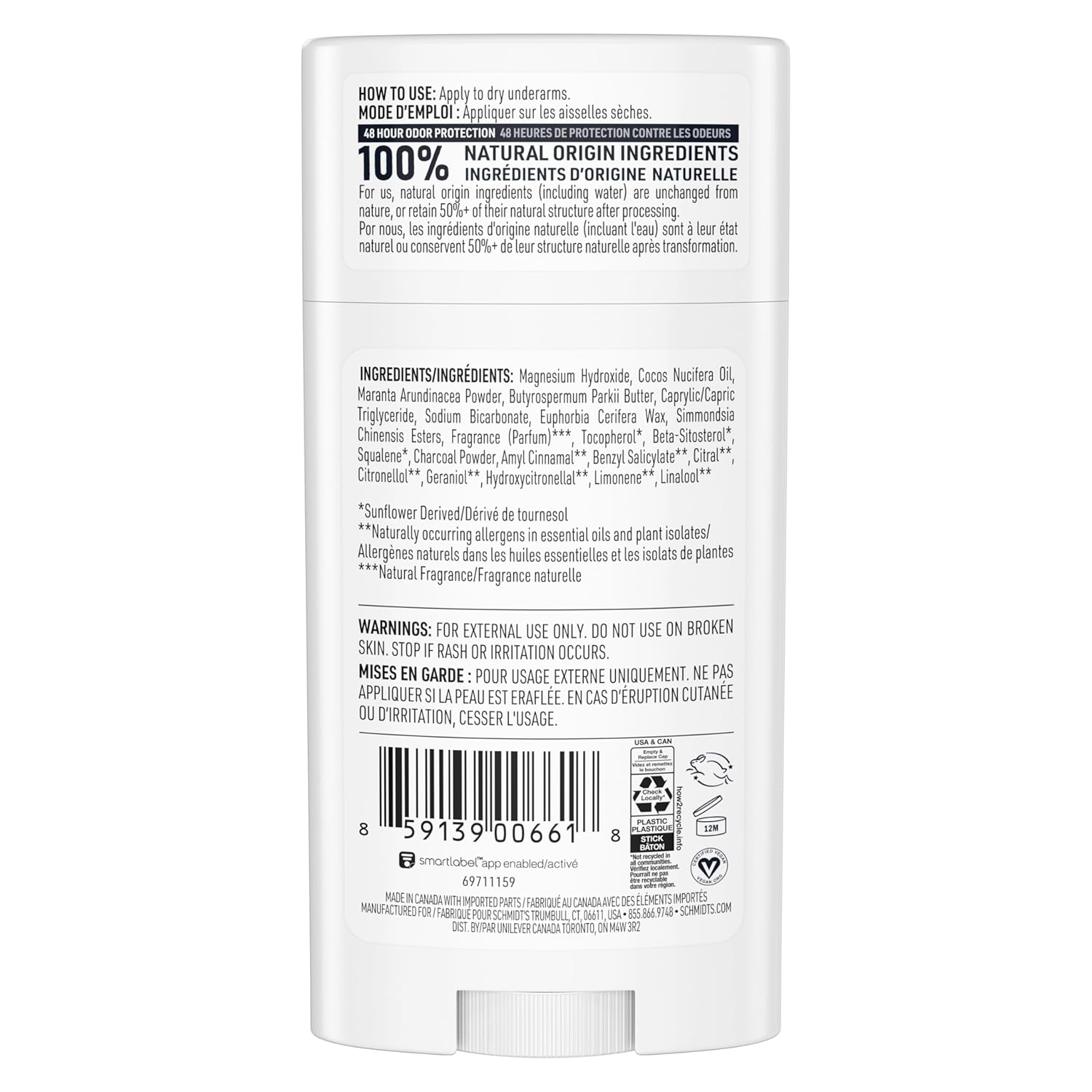 Schmidt's Aluminum-Free Vegan Deodorant Charcoal & Magnesium with 48 Hour Odor Protection, for Women and Men, Natural Ingredients, 2.65 oz view 2