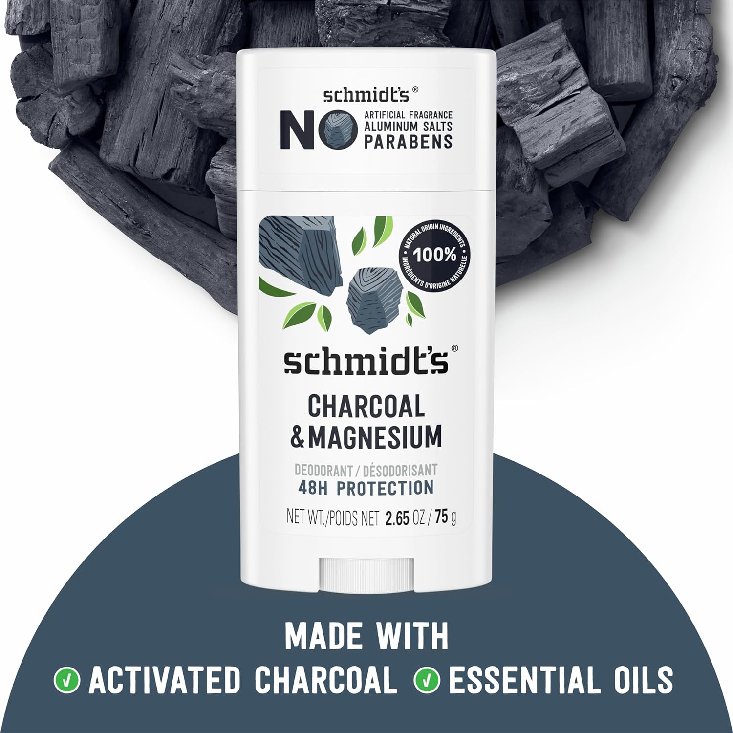 Schmidt's Aluminum-Free Vegan Deodorant Charcoal & Magnesium with 48 Hour Odor Protection, for Women and Men, Natural Ingredients, 2.65 oz view 3