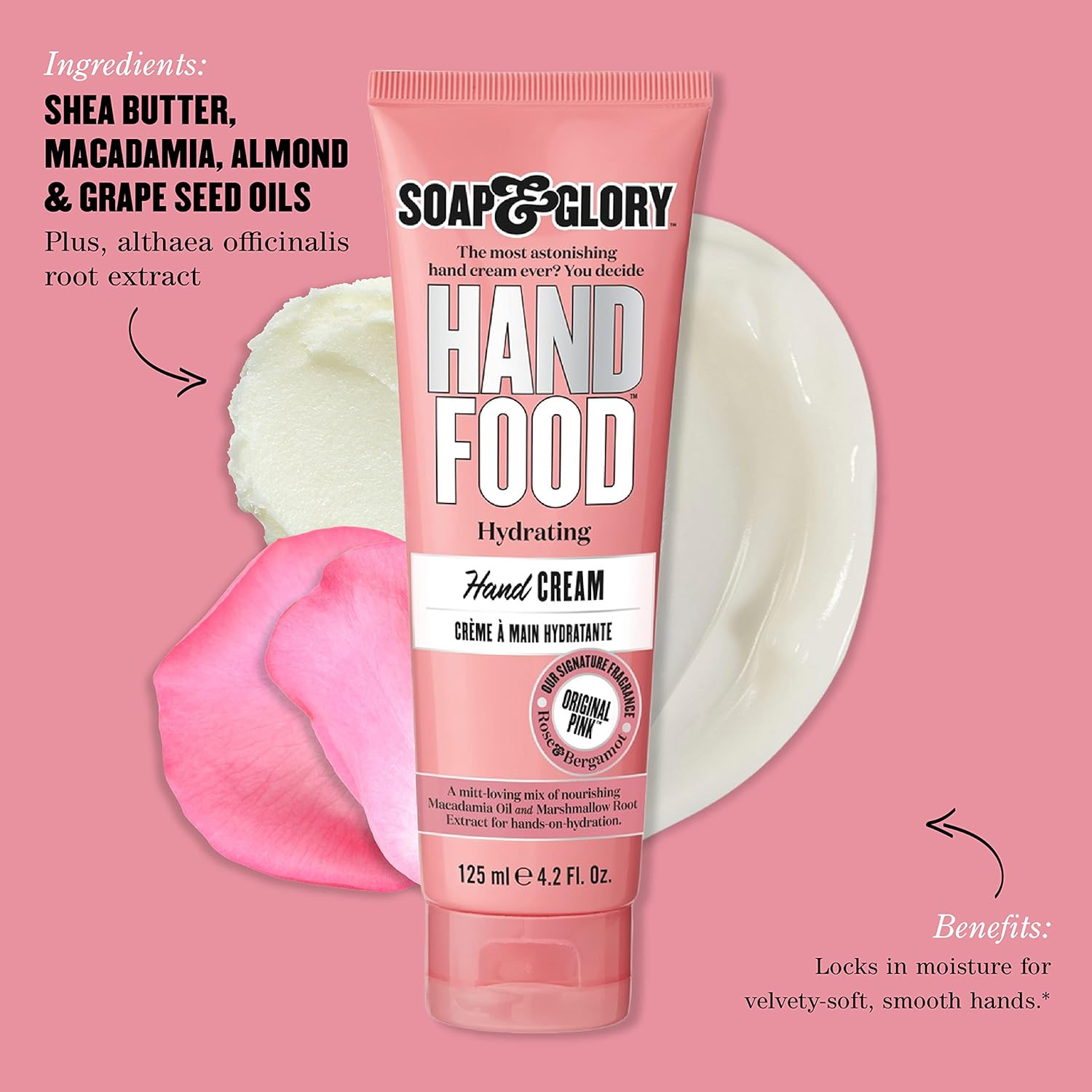 Soap & Glory Hand Food Hand Cream - Almond Oil + Shea Butter Hydrating Cuticle & Hand Moisturizer - Rose & Bergamot Scented Hand Cream for Dry Hands (125 ml) view 2