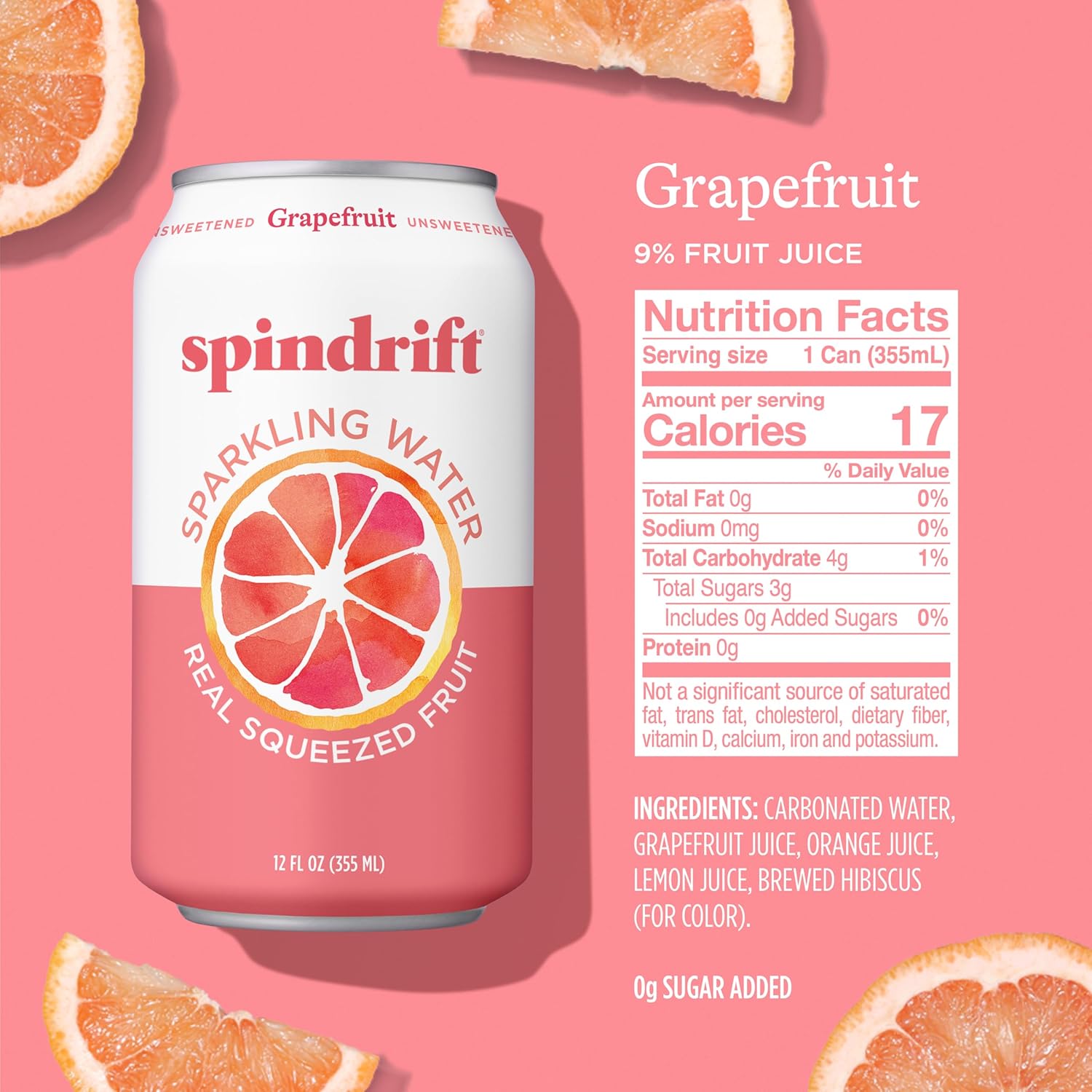 Spindrift Sparkling Water, Grapefruit Flavored, Made with Real Squeezed Fruit, (Only 15 Calories per Can), 12 Fl Oz (Pack of 24) view 2