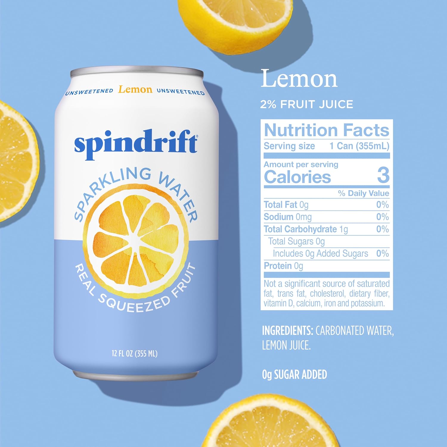 Spindrift Sparkling Water, Lemon Flavored, Made with Real Squeezed Fruit, 12 Fl Oz Cans, Pack of 24 (Only 3 Calories per Can) view 2