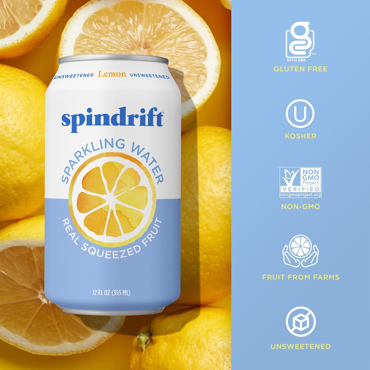 Spindrift Sparkling Water, Lemon Flavored, Made with Real Squeezed Fruit, 12 Fl Oz Cans, Pack of 24 (Only 3 Calories per Can) view 4