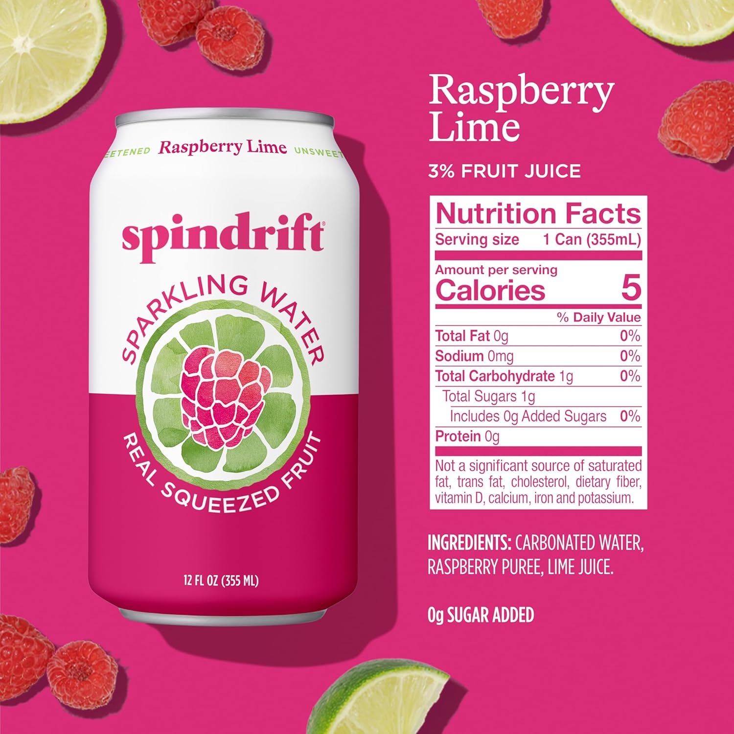 Spindrift Sparkling Water, Raspberry Lime Flavored, Made with Real Squeezed Fruit, Only 9 Calories per Can, 12 Fl Oz Cans, Pack of 24 view 2