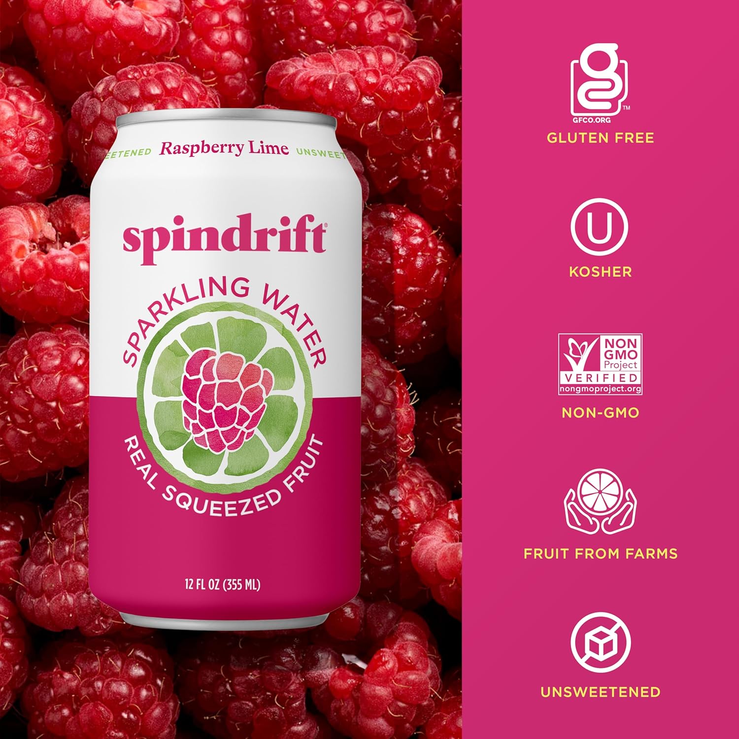 Spindrift Sparkling Water, Raspberry Lime Flavored, Made with Real Squeezed Fruit, Only 9 Calories per Can, 12 Fl Oz Cans, Pack of 24 view 4