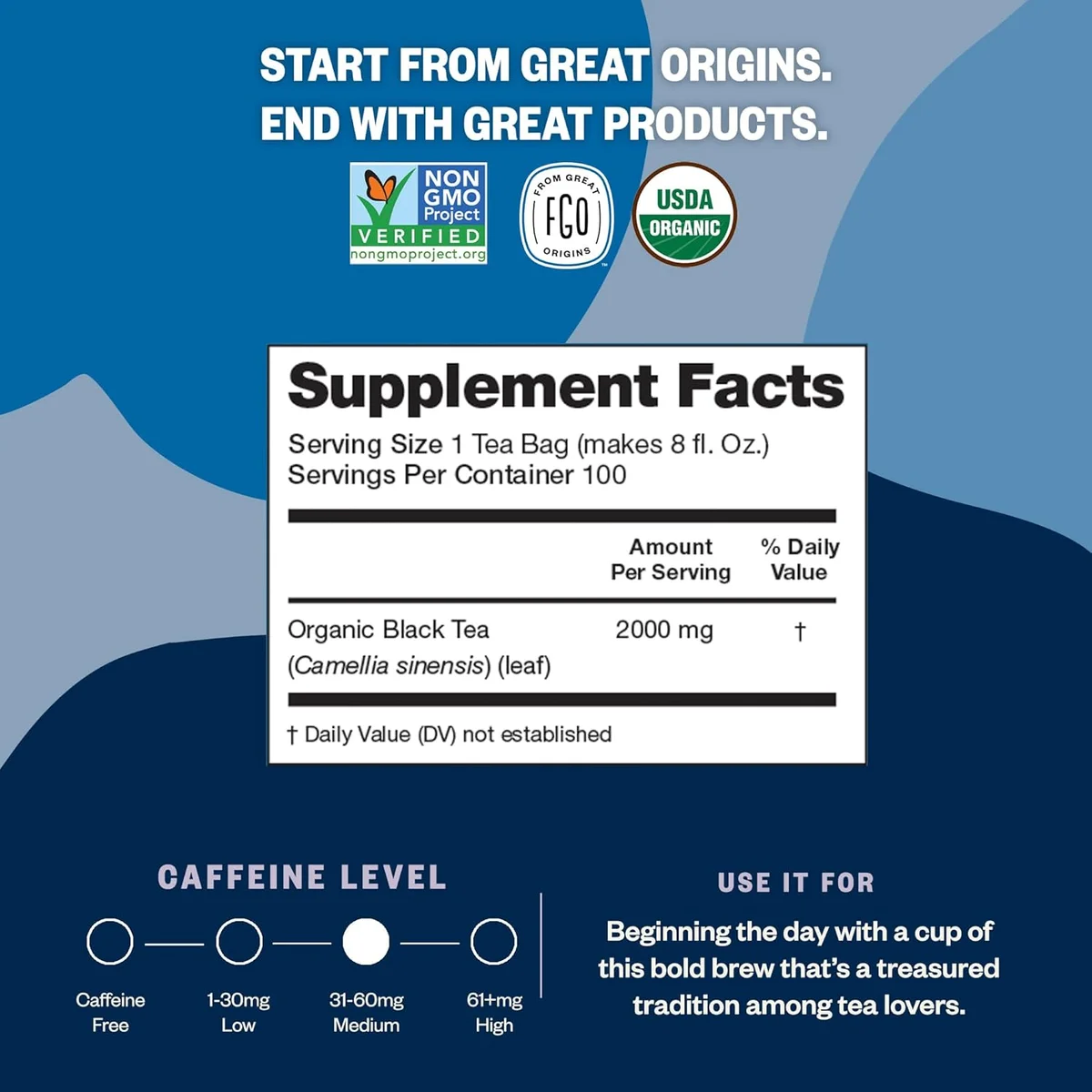 FGO Organic Black Tea, 20 Count, Eco-Conscious Tea Bags, Resealable Bag, Packaging May Vary (Pack of 1) view 2