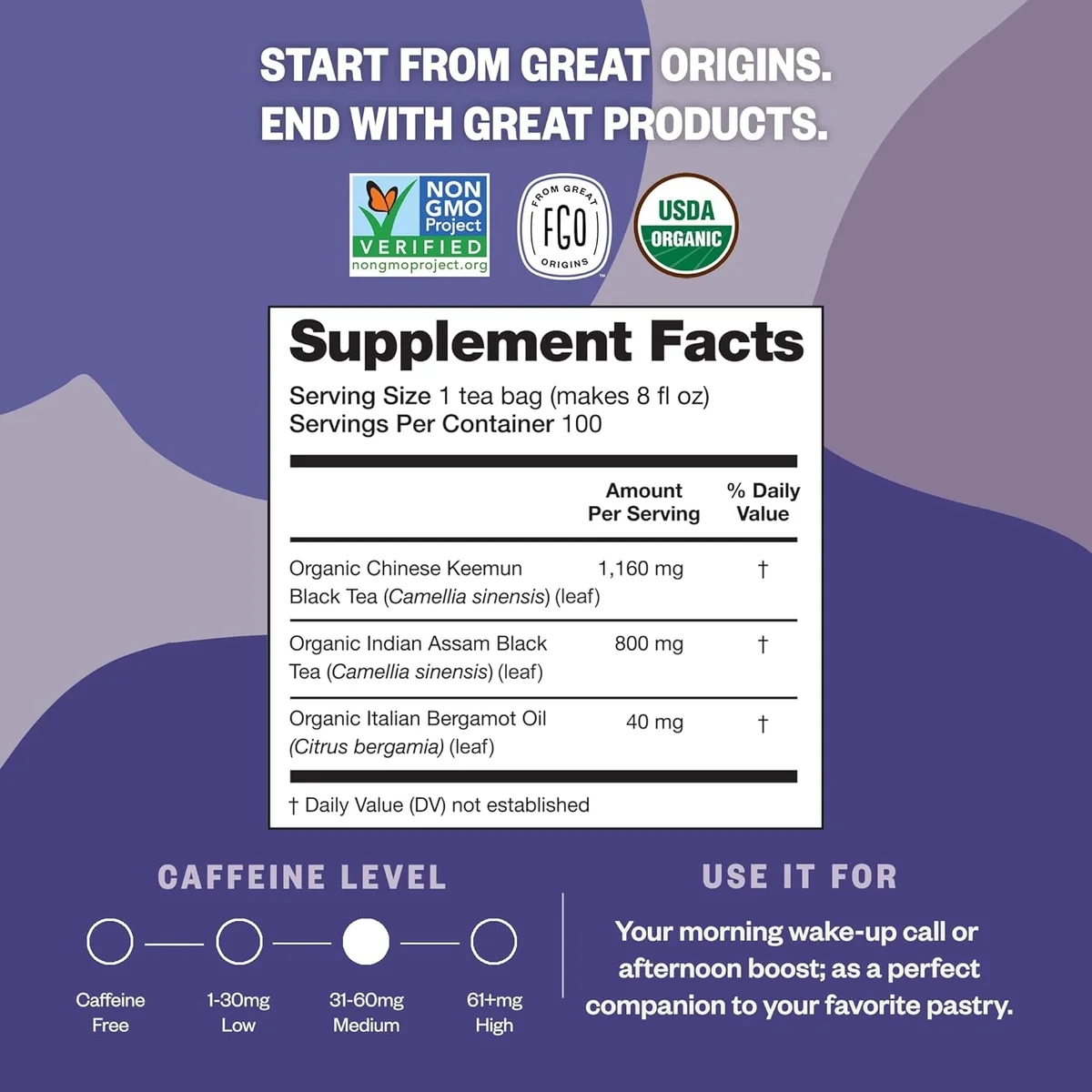 FGO Organic Earl Grey Black Tea, 100 Count, Eco-Conscious Tea Bags, Resealable Bag, Packaging May Vary (Pack of 1) view 2