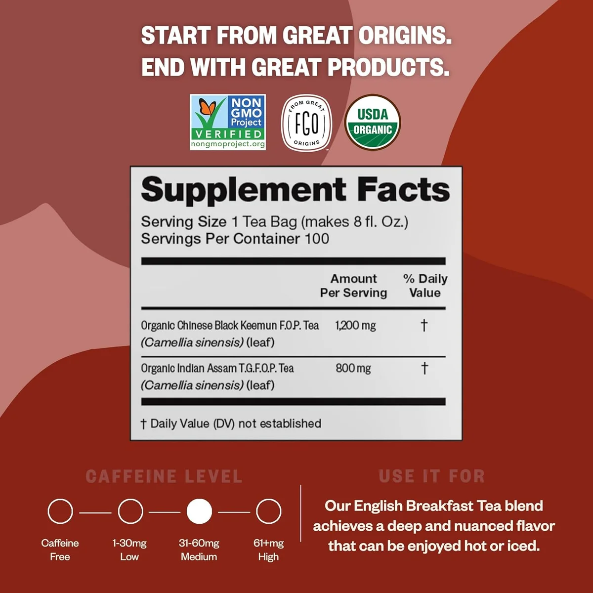 FGO Organic English Breakfast Black Tea, 100 Count, Eco-Conscious Tea Bags, Resealable Bag, Packaging May Vary (Pack of 1) view 2