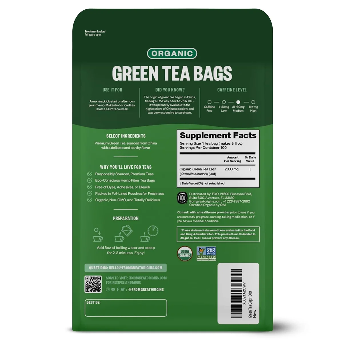 FGO Organic Green Tea, 100 Count Eco-Conscious Tea Bags, Caffeinated, Resealable Pouch, Packaging May Vary (Pack of 1) view 3